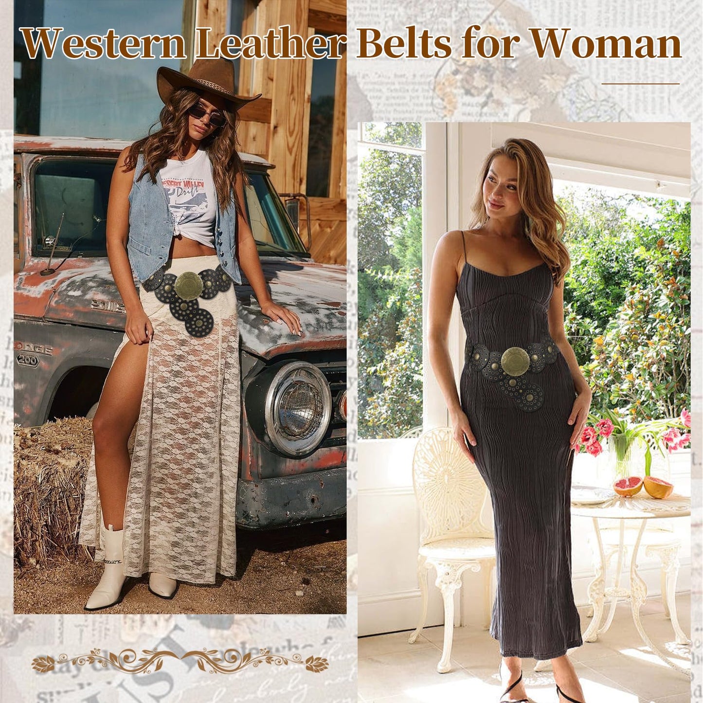 SNCEAW Western Belts for Women Wide Belts Country Concert Outfits Disc Belt Cowgirl Boho Leather Belt for Jeans Dress (Black-bronze Buckle, Fits waists up to 37")