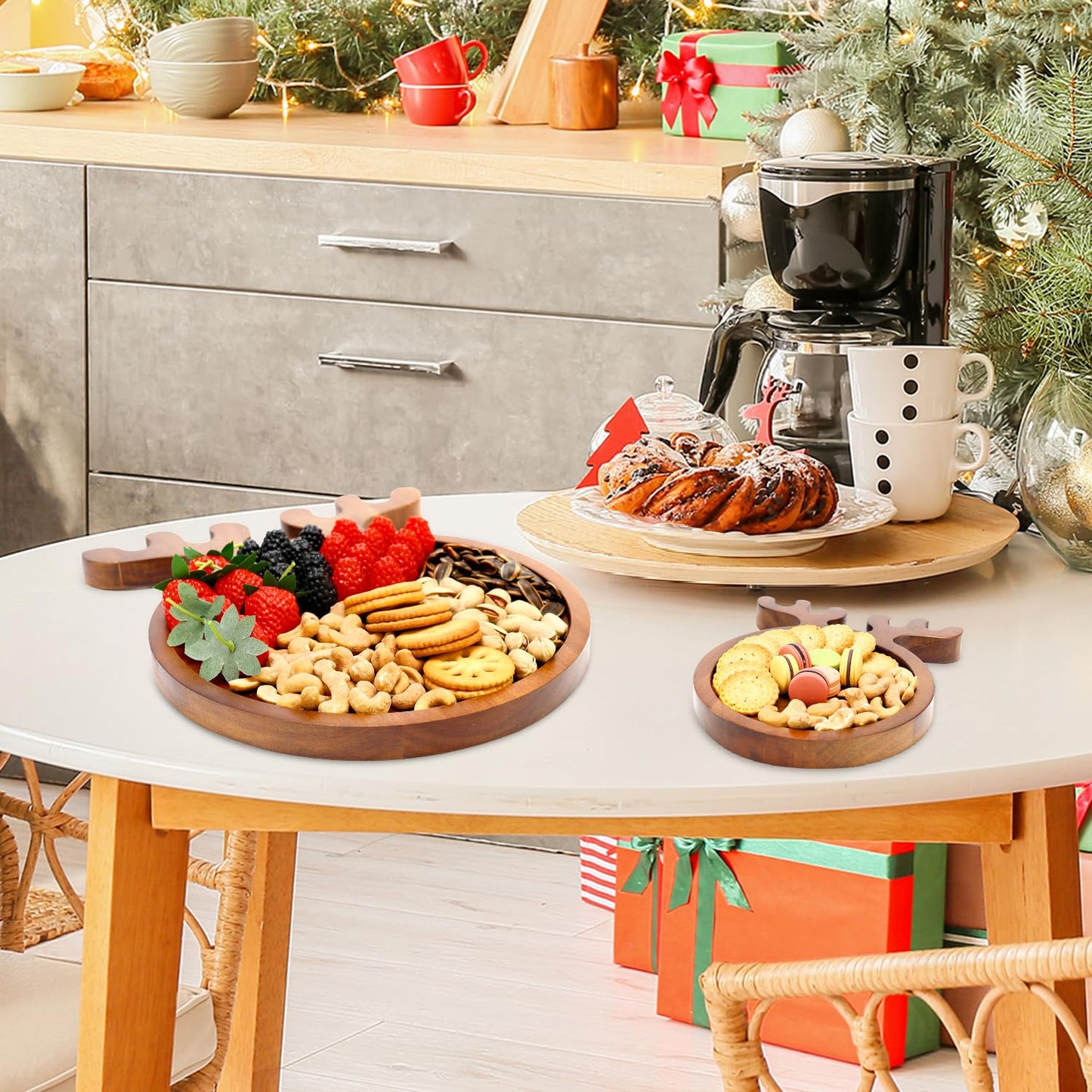 15"x12" Large Acacia Wood Christmas Decorative Veggie Tray Round Serving Platters Wooden Cheese Charcuterie Board Xmas Dinner Plate Dish Festive Fruit Tray Charger Plates for Christmas Holiday Platter
