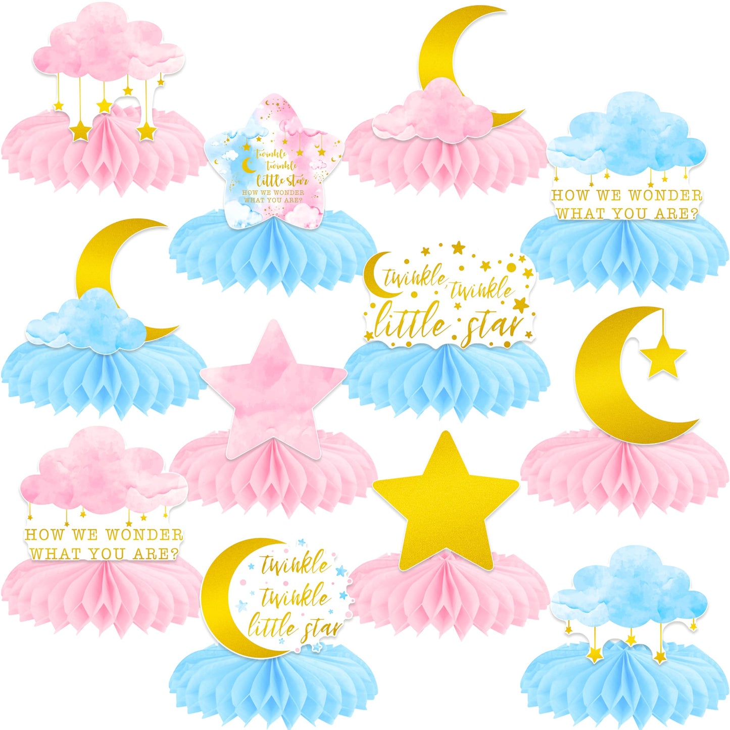 Twinkle Twinkle Little Star Gender Reveal Party Supplies Little Star Baby Shower Honeycomb Centerpieces 12PCS Pink and Blue Table Decorations Moon Cloud Centerpieces for Girls or Boys Birthday Decor