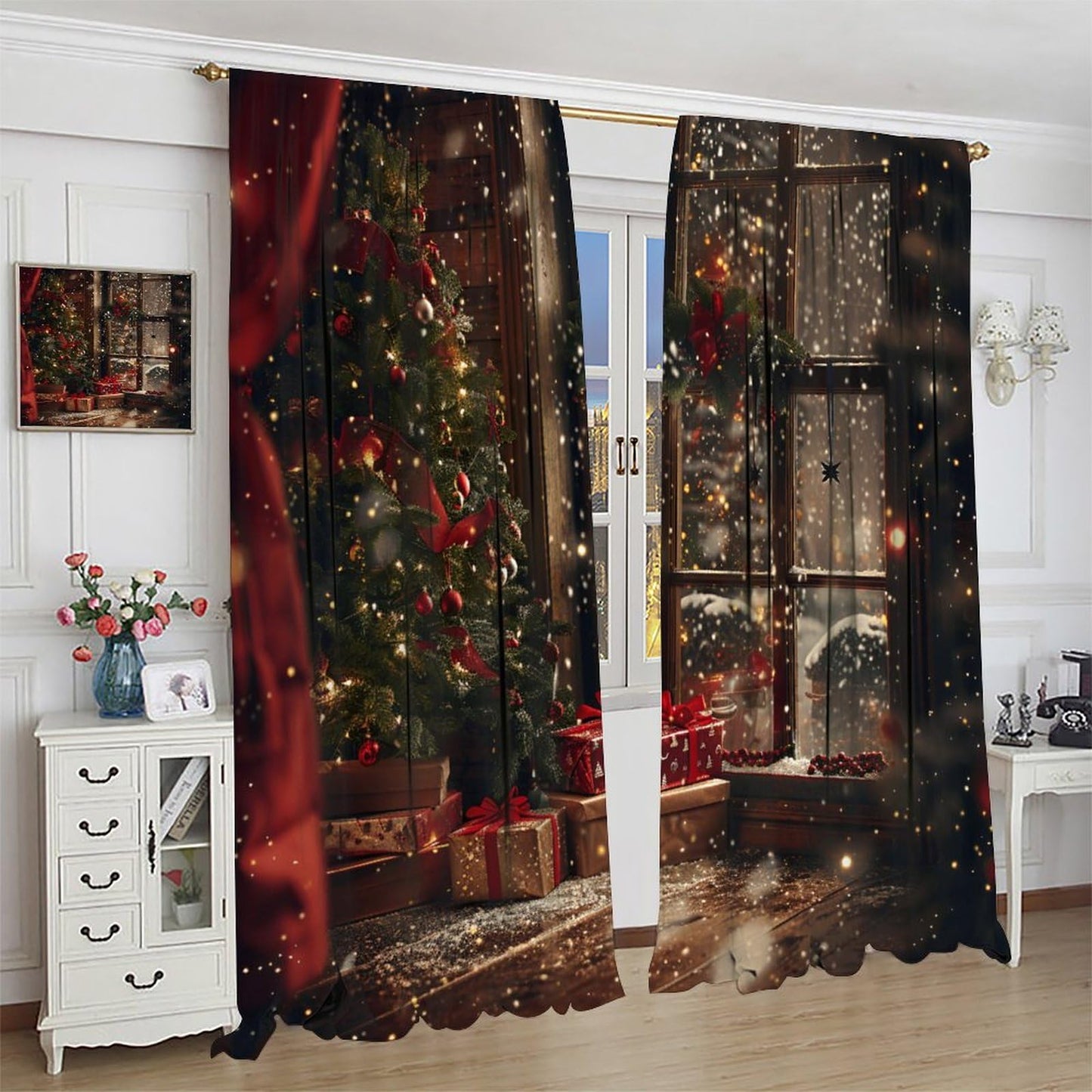 Merry Christmas Curtains Happy New Year Christmas Tree Snowflake for Living Room Bedroom Decor Window Drapes 42" W X 45" L