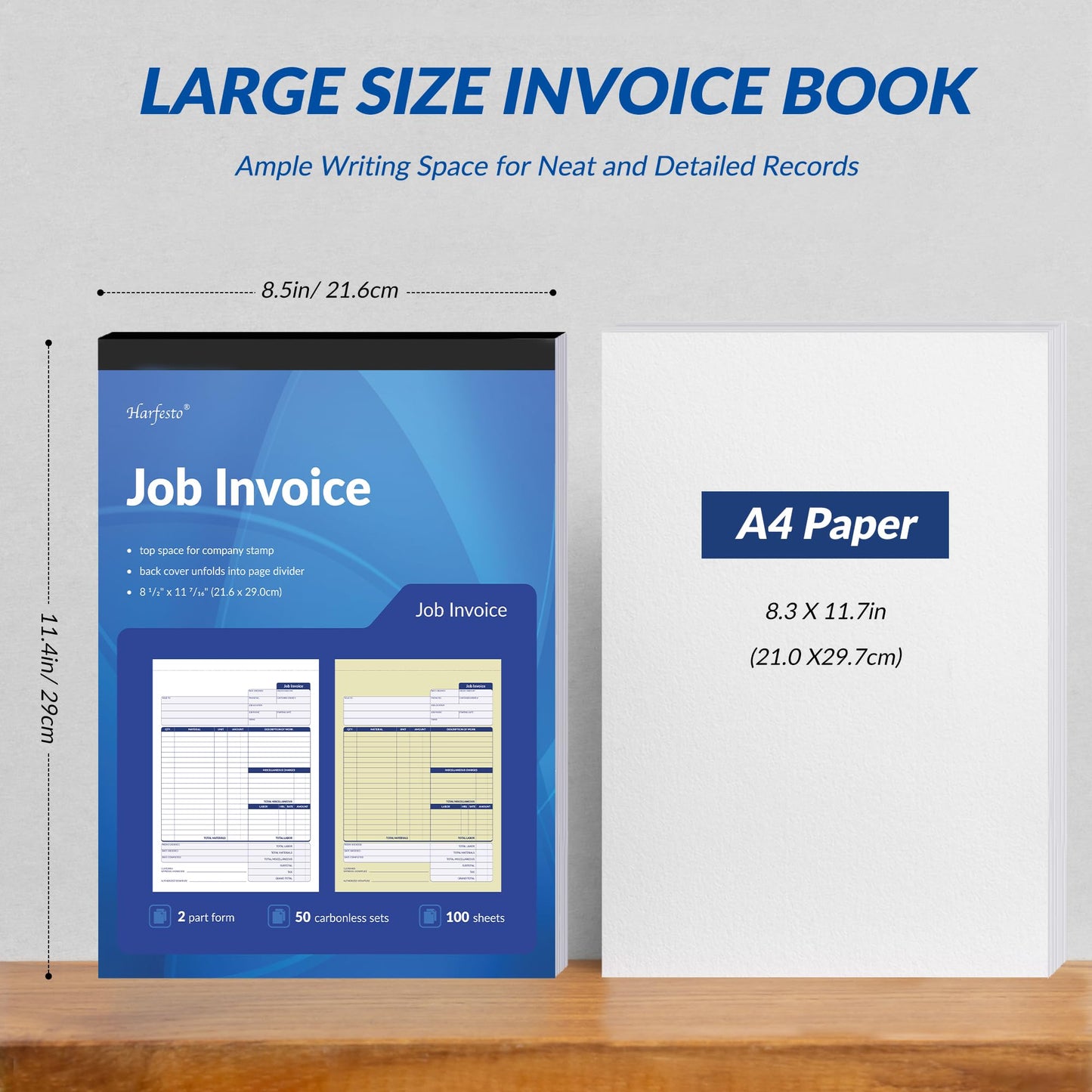 Harfesto Job Work Order Forms, Large Size Contractor Invoice Book 8-1/2" x 11-7/16", Invoice Receipt Book for Small Business, 2-Part Carbonless Forms, 50 Sets