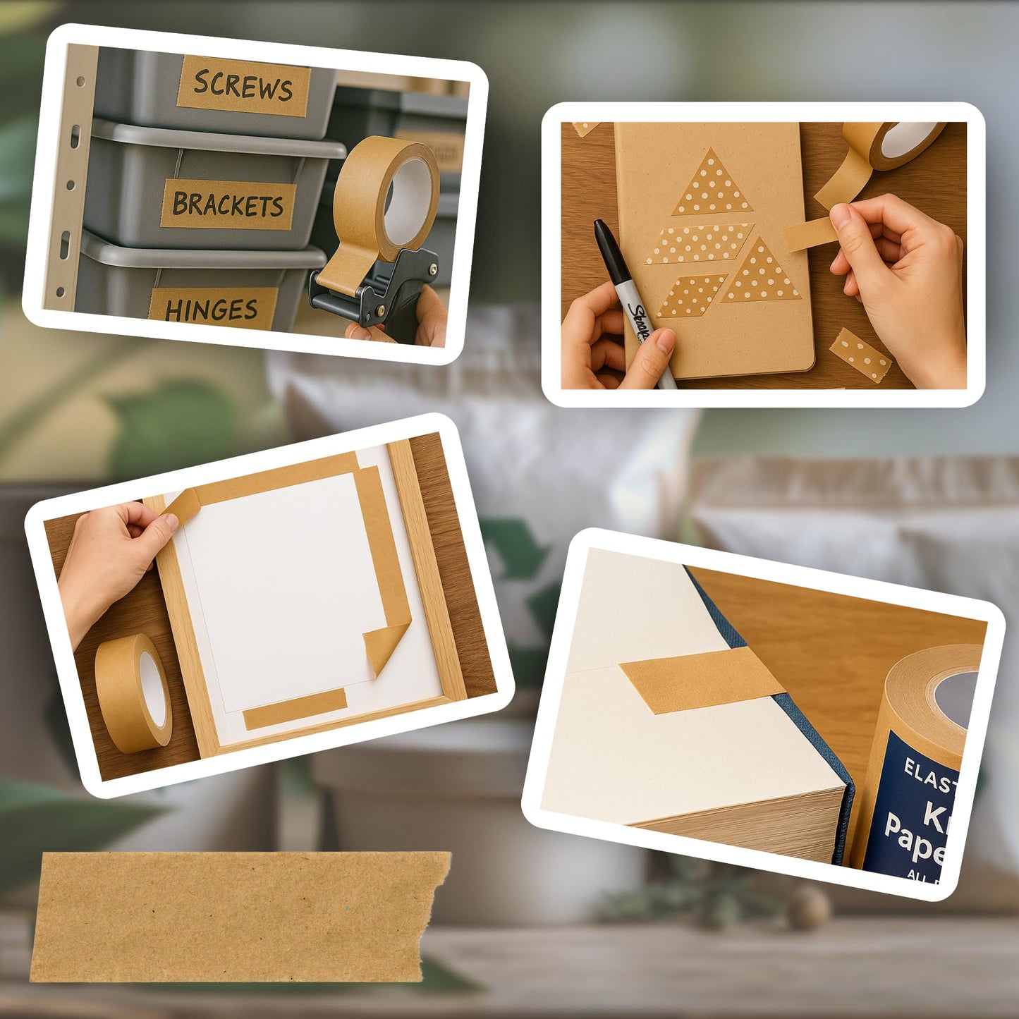Elasticpack Paper Packing Tape 4-PK - Non-Reinforced, 1.9” x 55 yd – Tears by Hand, Biodegradable, Sharpie-Writable – Box Storage, Framing, Labeling & Crafts - Tape Gun Compatible, Kraft
