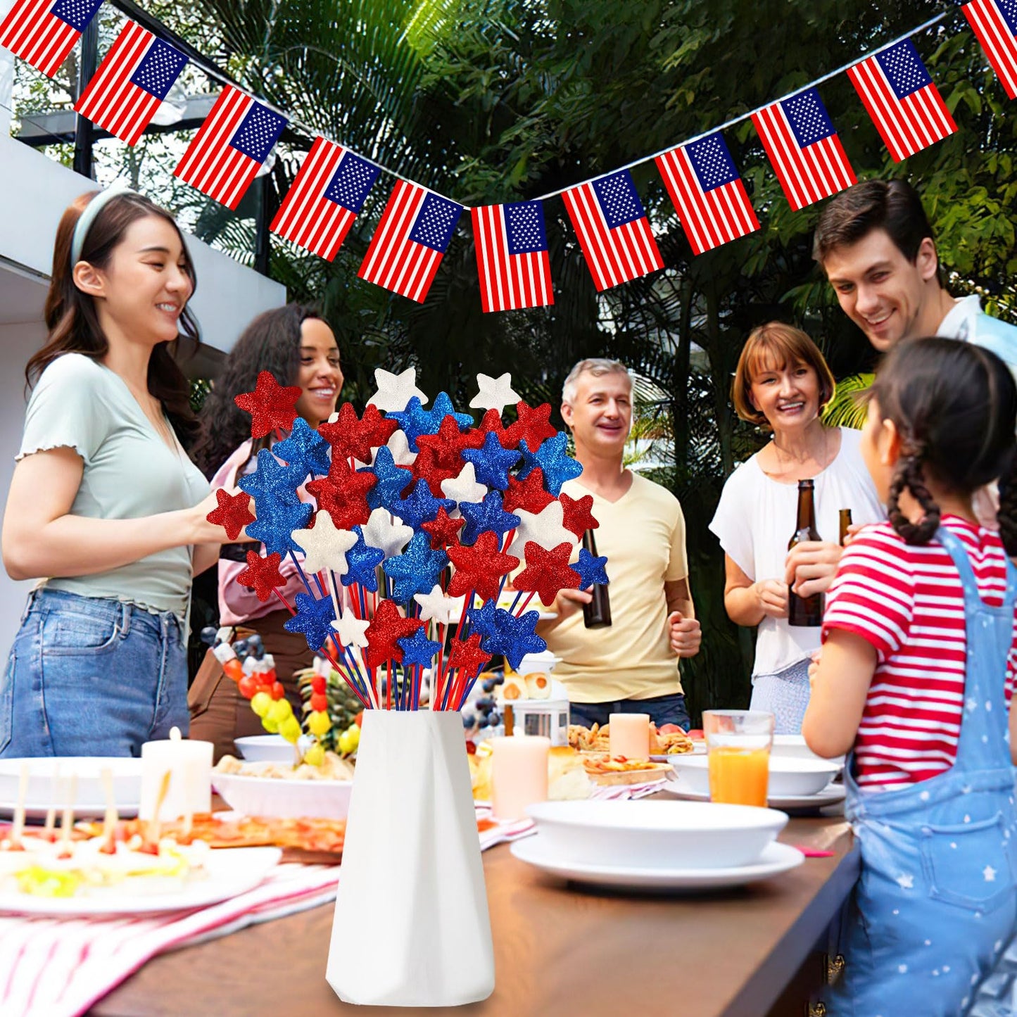 JUNEBRUSHS 4th of July Decorations, 108 Pcs Glitter Puffy Star Picks Foam Star Stems Red White and Blue Artificial Stem Flowers for Patriotic Wreath Table Centerpieces Decoration