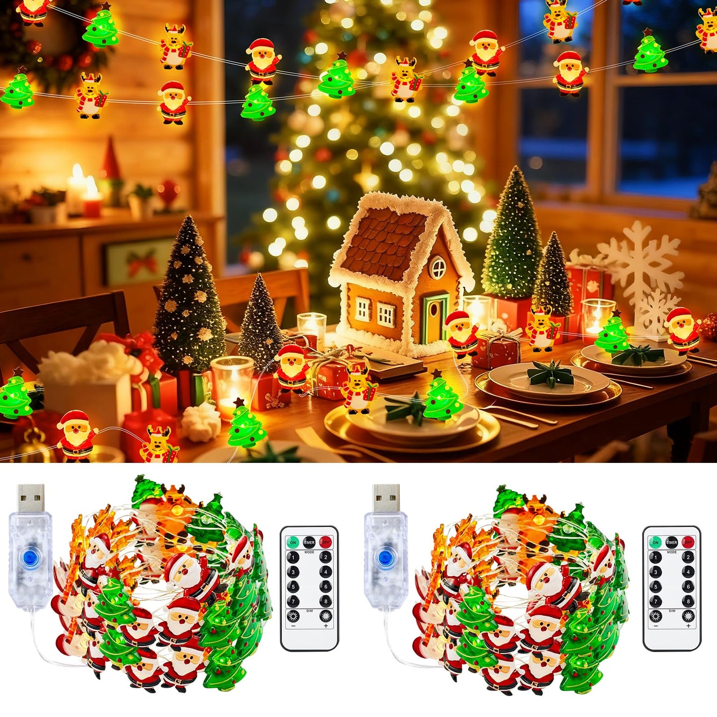 Yooumoga Christmas String Lights - 16FT 50 LED Santa Claus/Deer/Tree Fairy Lights, Battery/USB Powered with Remote & 8 Lighting Modes for Indoor Outdoor Xmas Tree Party Decor (2 Pack-USB)