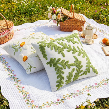 Fourluoo 4 Pcs Daisy Embroidered Throw Pillow Covers 18x18 Daisy Decorative Pillow Cover with Zipper Spring Floral Tufted Cushion Pillowcase for Bed Couch Sofa Living Room