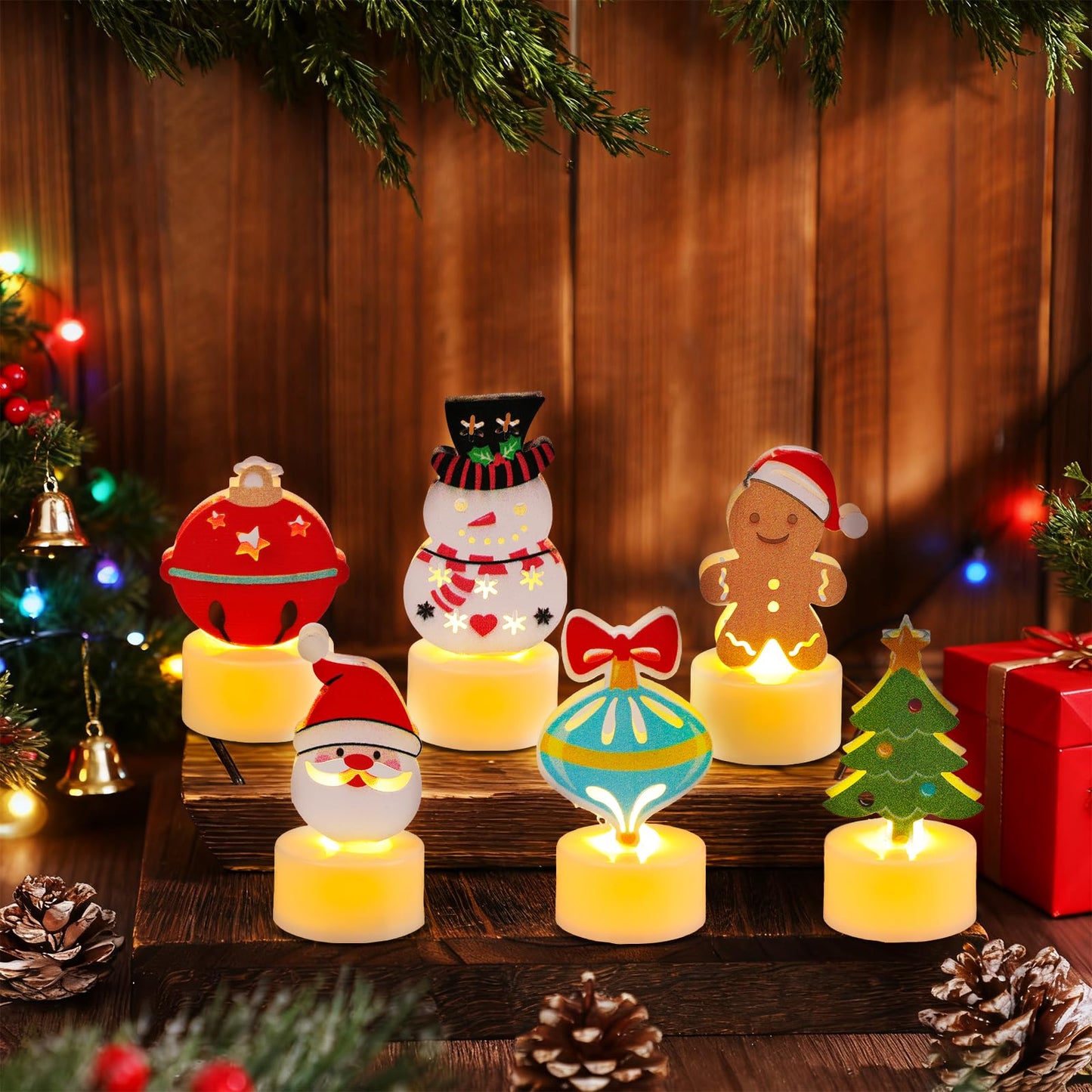 Sariiraw Christmas Tealight Candles, 6PCS Flameless LED Tea Lights with 6 Festive Designs Battery Operated for Holiday Table Centerpiece Decor