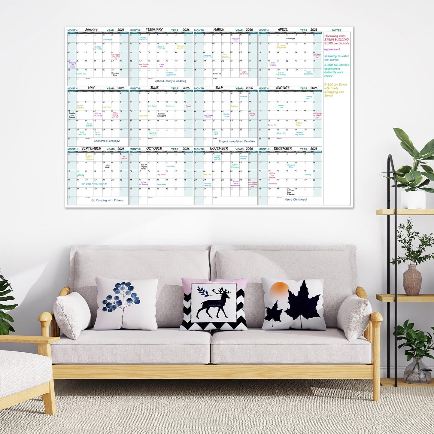 Large Dry Erase Calendar for Wall – Yearly Wall Calendar Dry Erase, 58" x 37", 12-Month Undated Blank Calendar Planner, Reusable Laminated with 15 Round Stickers, Perfect Large Wall Calendar for Office, Home and Classroom