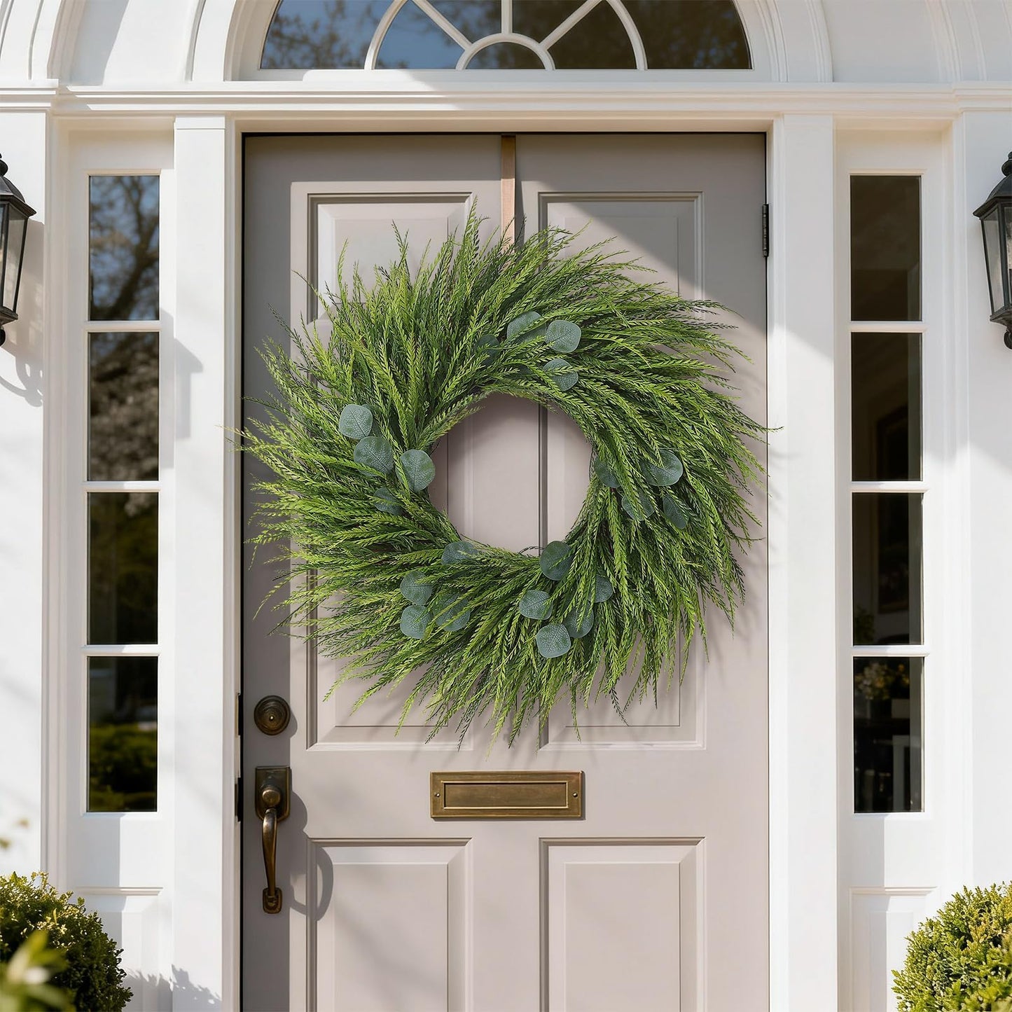 26" Artificial Saw Grass Wreath for Front Door, Lifelike Faux Saw Grass Wreath with Fake Eucalyptus Spring Summer Greenery for Wall Window Fireplace Farmhouse Home Outside Decoration