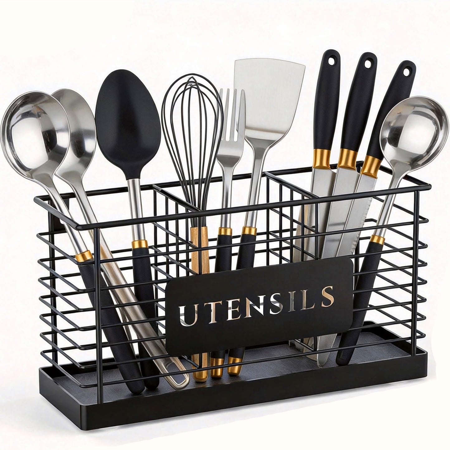 THYGIFTREE Utensil Holder for Kitchen Counter with Diatomaceous Earth Base, Large Black Metal Cooking Tool Organizer with 3 Compartments, Countertop Utensil Holder for Spatula and Kitchen Utensils