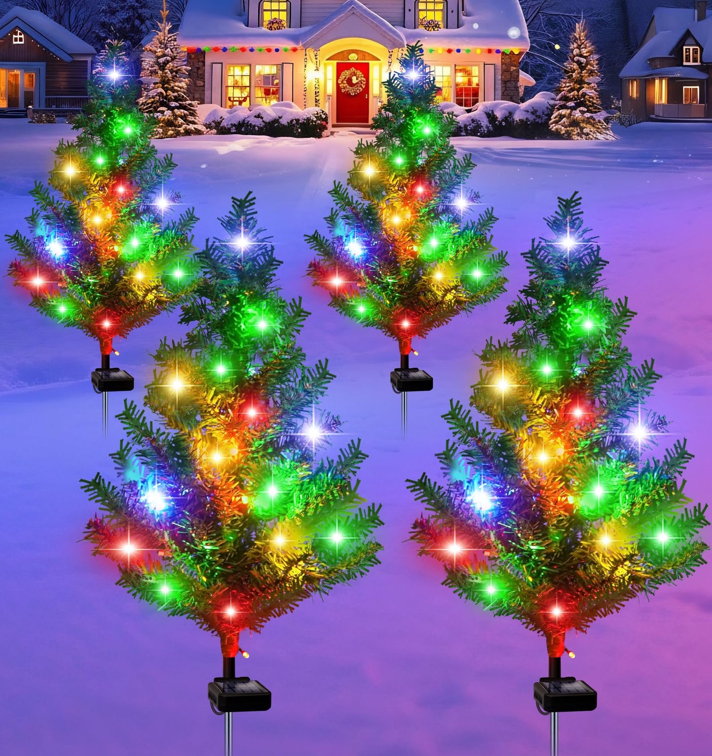 Solar Christmas Tree 4 Pack Garden Stake Light Waterproof Outdoor Christmas Decorations,2 Modes Solar Xmas Christmas Lights for Yard Front Porch Pathway Grave Garden Decor