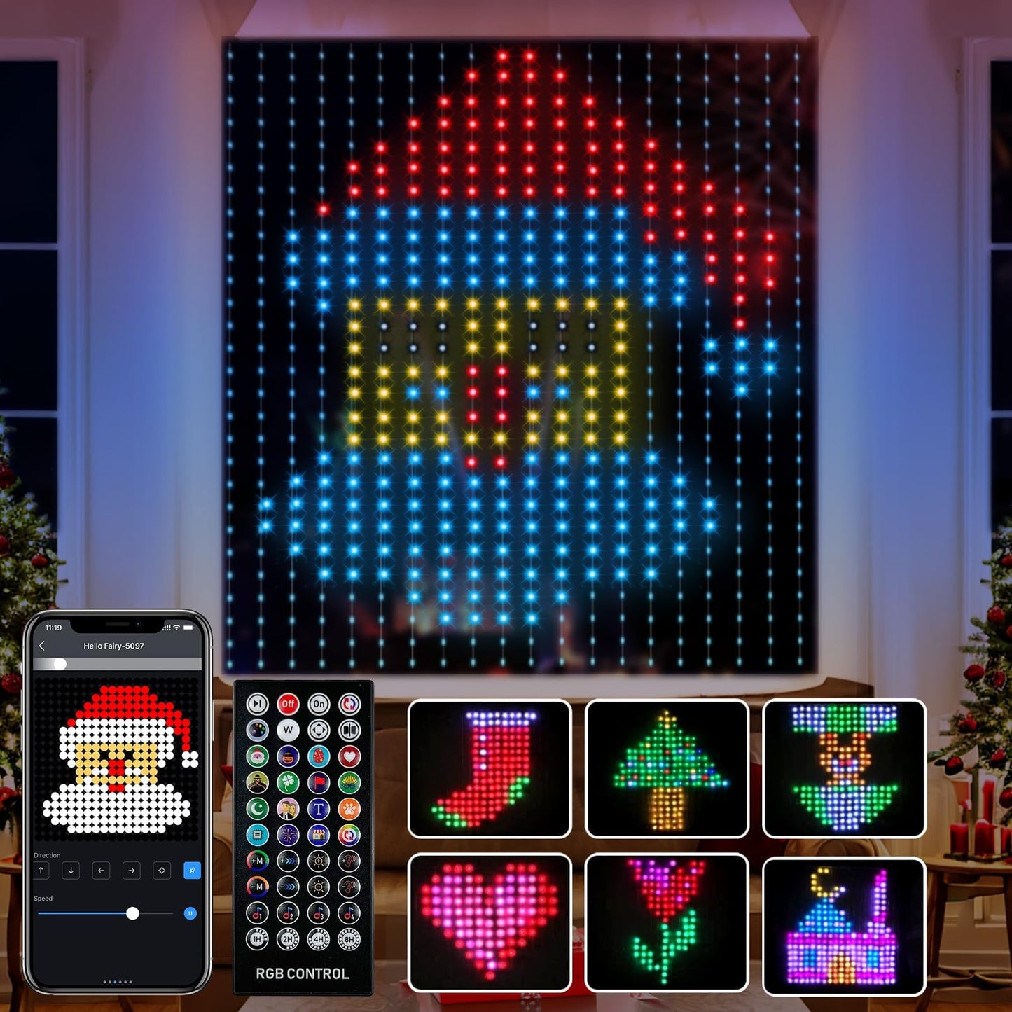 Amposei Smart Curtain Lights, 540 LEDs Curtain String Lights Outdoor, Smart Christmas Lights, Dynamic DIY Light, Music Sync Color Changing Holiday Lights with APP Remote Control for Backdrop Bedroom
