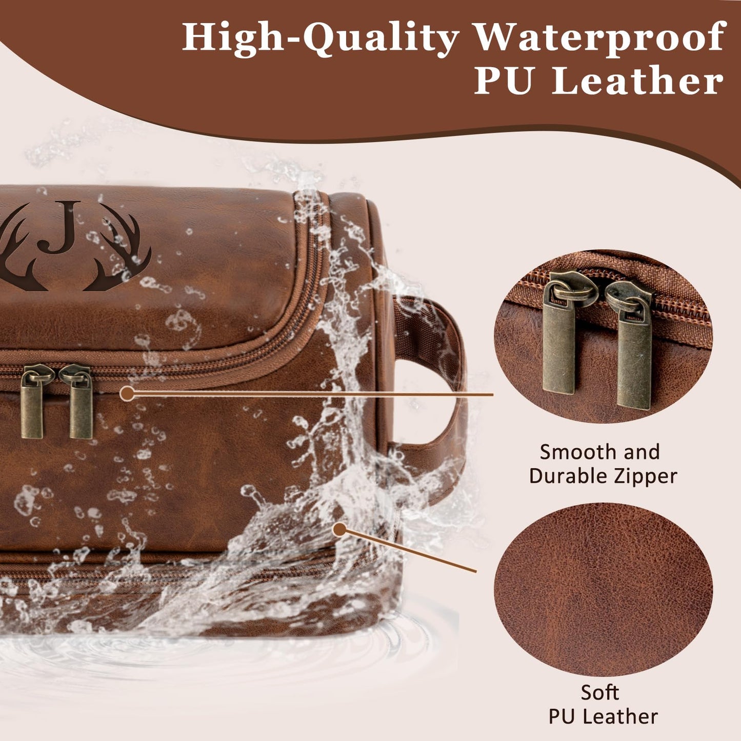 Aganmi Personalized Toiletry Bag Fathers Day Birthday Gifts for Men Dad Husband, Custom Initial PU Leather Waterproof Toiletry Organizer Dopp Kit Shaving Bag Travel Essential for Men (Reddish Brown J)