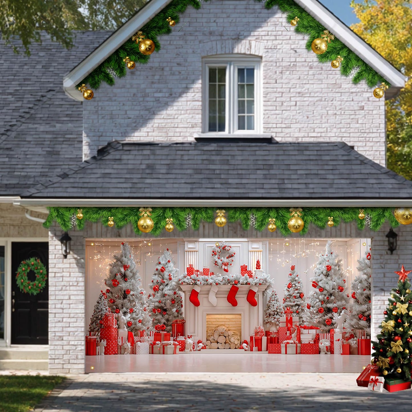 HOMETITUTE Christmas Garage Door Banner 13x6ft Red and White Fireplace Backdrop with Xmas Tree Stockings Gift Boxesand Lights Holiday Yard Wall Setting for Outdoor Party Setting Settingation