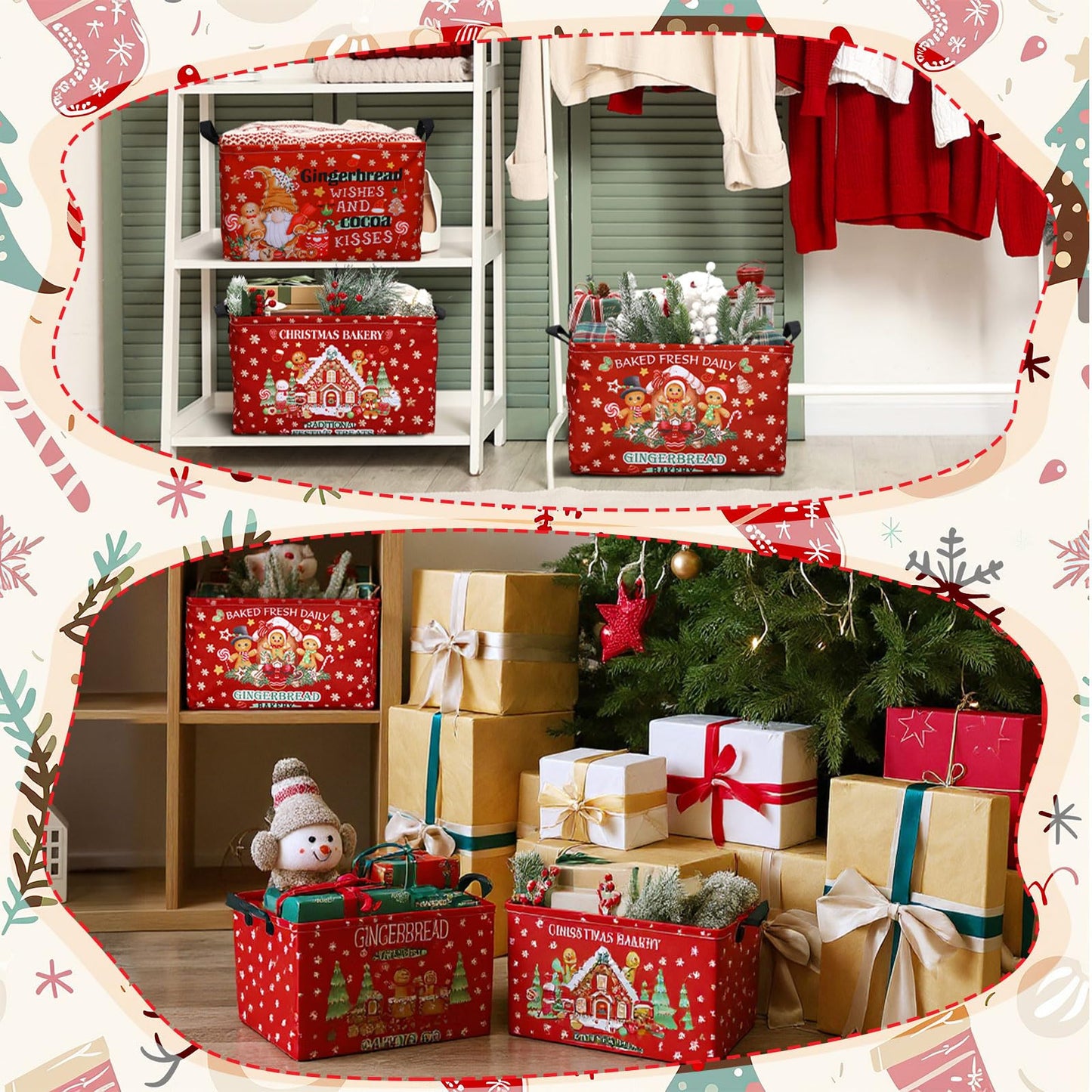 Bulyoou 4 Pcs Christmas Storage Basket for Gifts Empty Large Gingerbread Man Storage Bins 15 x 10 x 8 Fabric Laundry Baskets with Handle Xmas Foldable Organizer Boxes for Office Home Cloth Toys Books