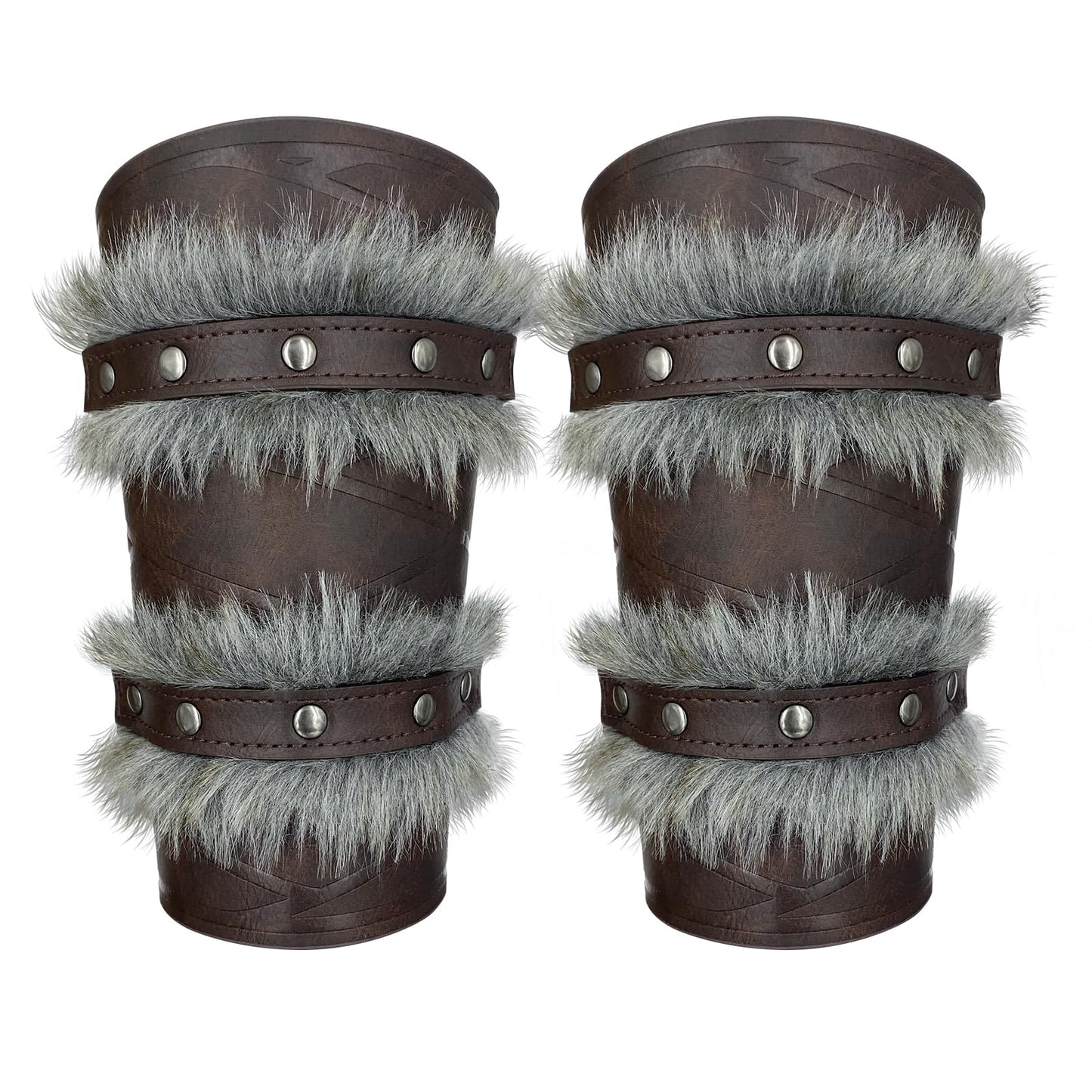 HiiFeuer Nordic Viking Barbarian Arm Guards, Medieval Artificial Fur Gauntlets, Vintage Faux Leather Bracers for LARP (Brown A)
