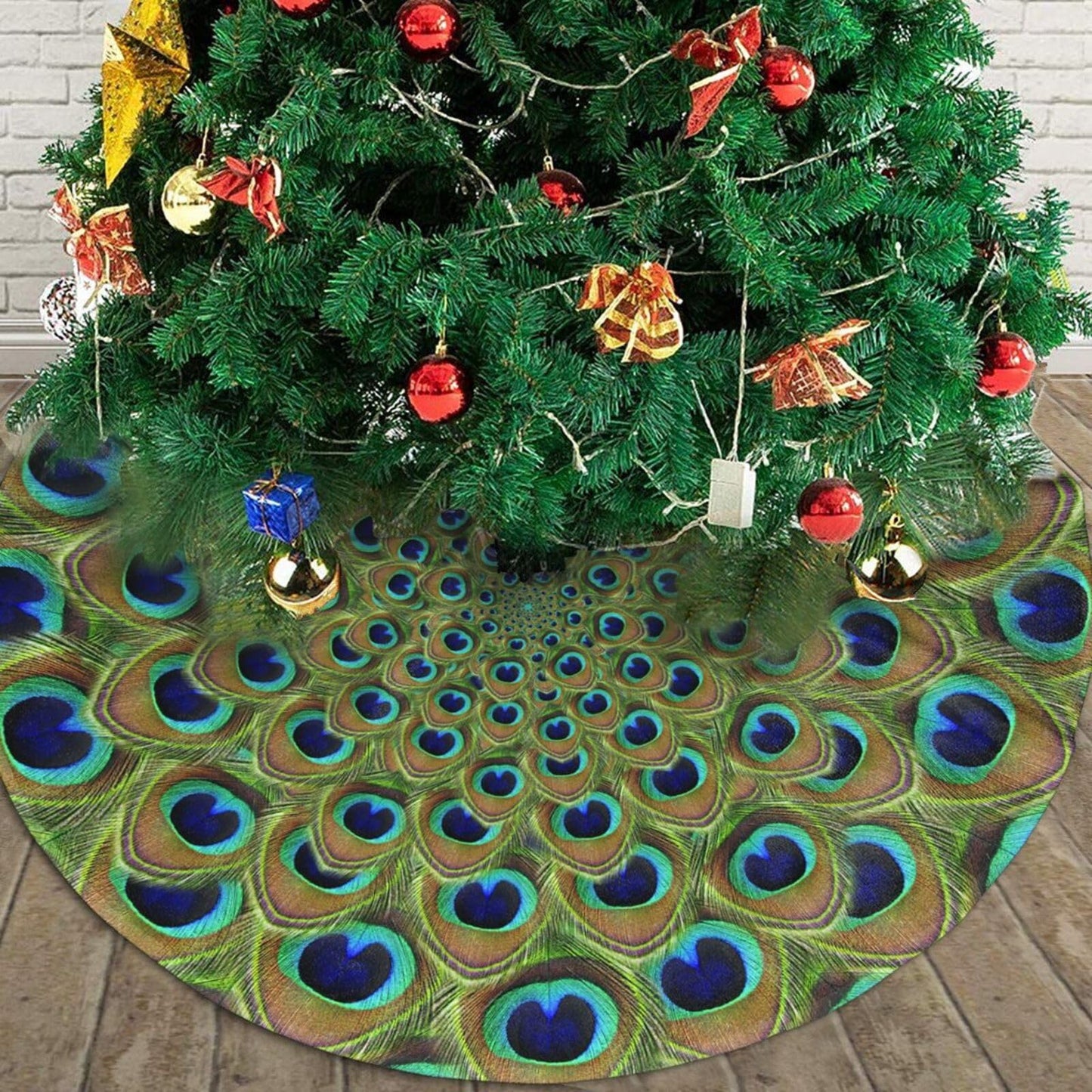 Peacock Feather Christmas Tree Skirt 48" Xmas Tree Mat for Christmas Decorations Holiday Ornaments
