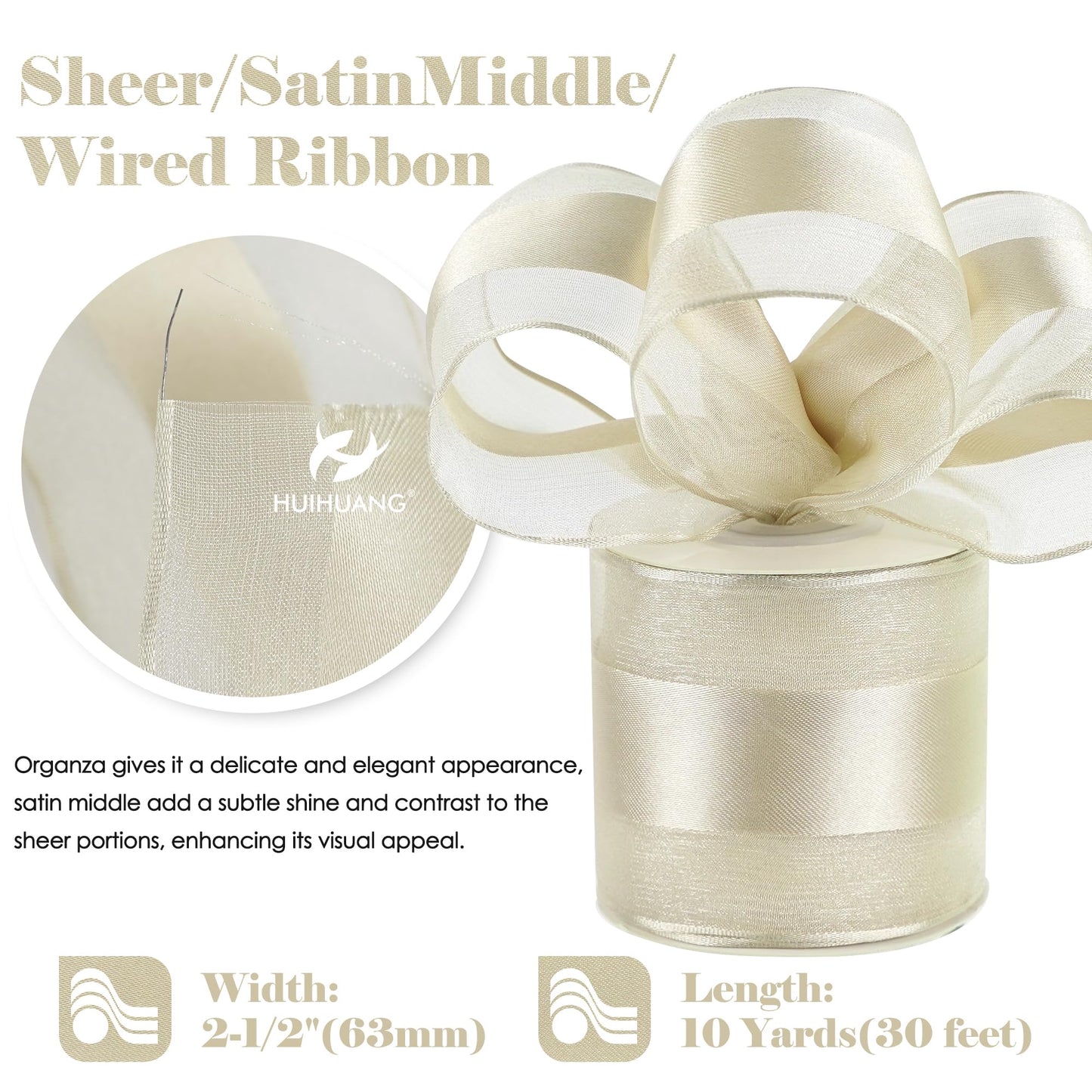 HUIHUANG Champagne Sheer Wired Ribbon with Satin Stripe 2.5 inch Champagne Christmas Tree Ribbon for Bows Making, Wreaths, Garland, Gift Wrapping, Bridal Shower Wedding Decor-Continous 10 Yards