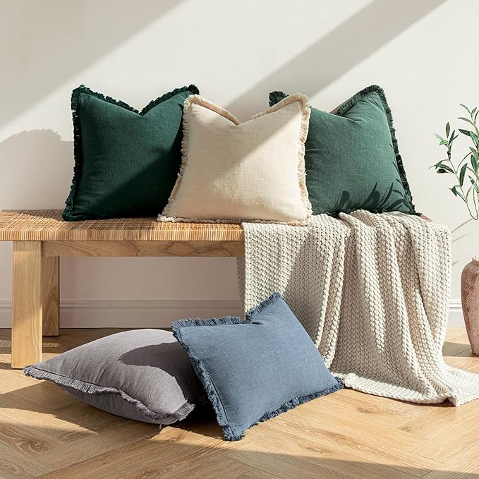 MIULEE Decorative Throw Pillow Covers Neutral Linen Fringe Throw Pillows Euro Shams Set of 2 Beige Boho Farmhouse Cushion Covers for Couch Sofa Bed Living Room Spring Home Decor 22x22 Inch