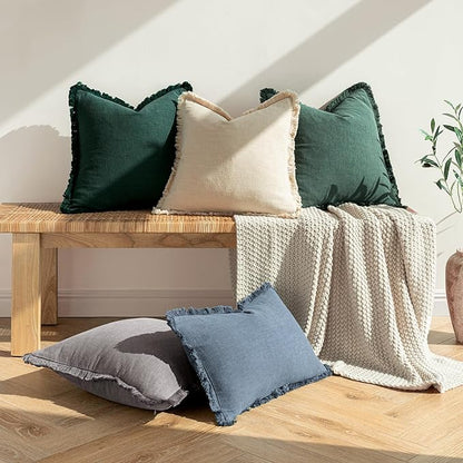 MIULEE Decorative Throw Pillow Covers Neutral Linen Fringe Throw Pillows Euro Shams Set of 2 Beige Boho Farmhouse Cushion Covers for Couch Sofa Bed Living Room Spring Home Decor 22x22 Inch