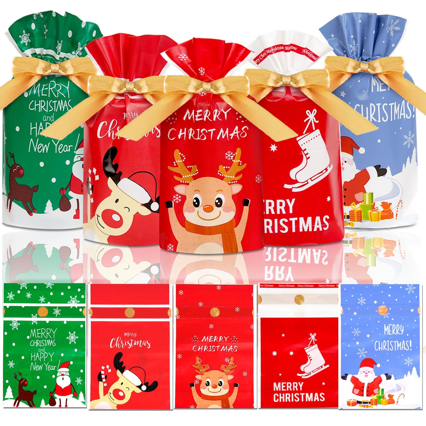 DLY 50 Pcs Christmas Candy Bag Treat Bags Candy Goodies Plastic Drawstring Gift Bags Merry Christmas Treat Bags for Birthday Party Snack