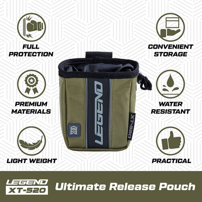 LEGEND XT520 Quick Release Pouch & Finger Tab Bag - Interior Divider for Better Organization & Storage of Release Aids - Attaches to Standard 2" Belt - Quick Drawstring Closure (Army Green)