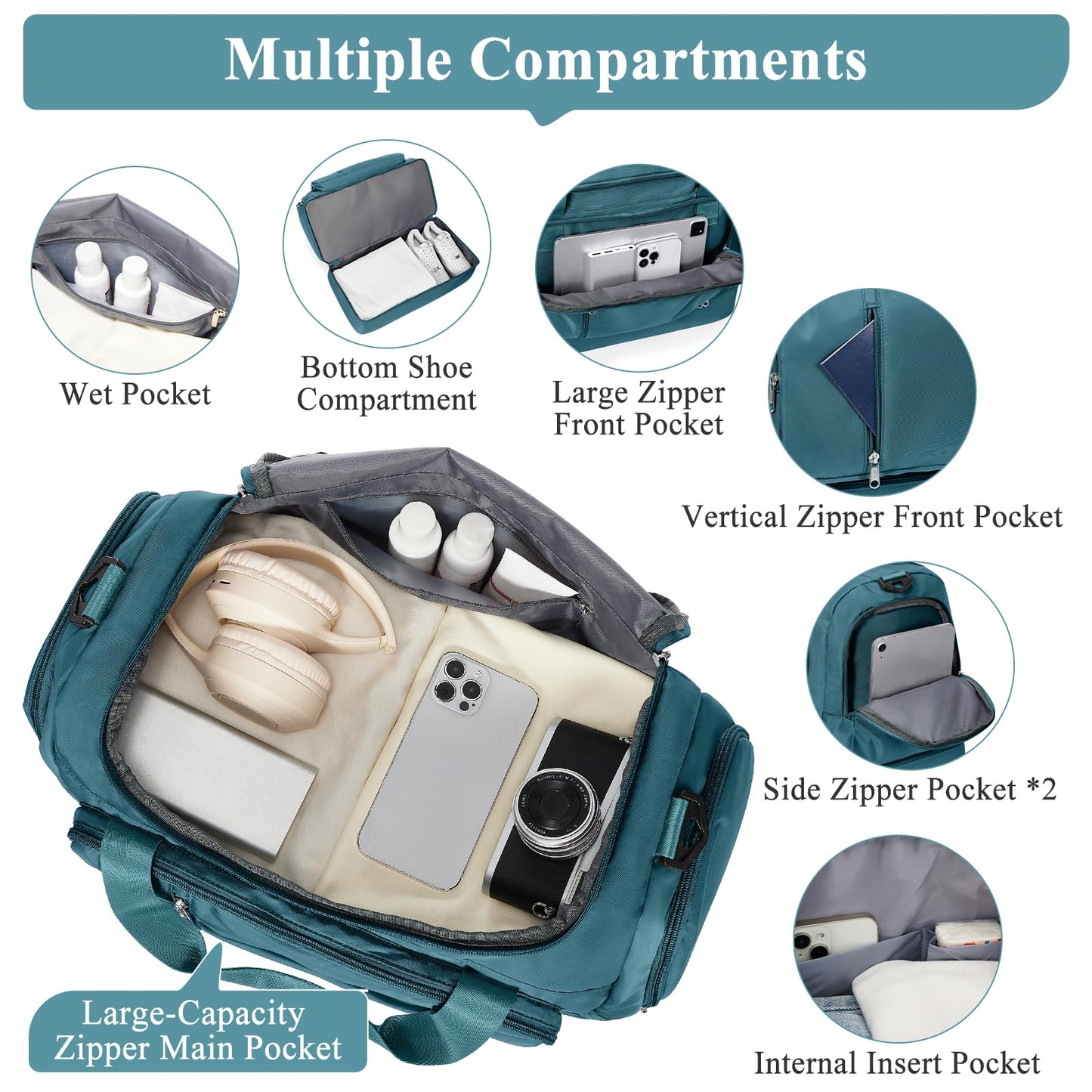 Travel Duffle Bag, Weekender Bags for Women,Carry On Overnight Personal Item Travel Bag with Shoes Compartment,Peacock Blue