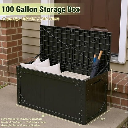 TARKARI 100 Gallon Lockable Resin Deck Box, Waterproof & UV-Resistant Outdoor Storage Box for Outdoor Cushion Storage, Garden Tools & Pool Accessories Storage, Black