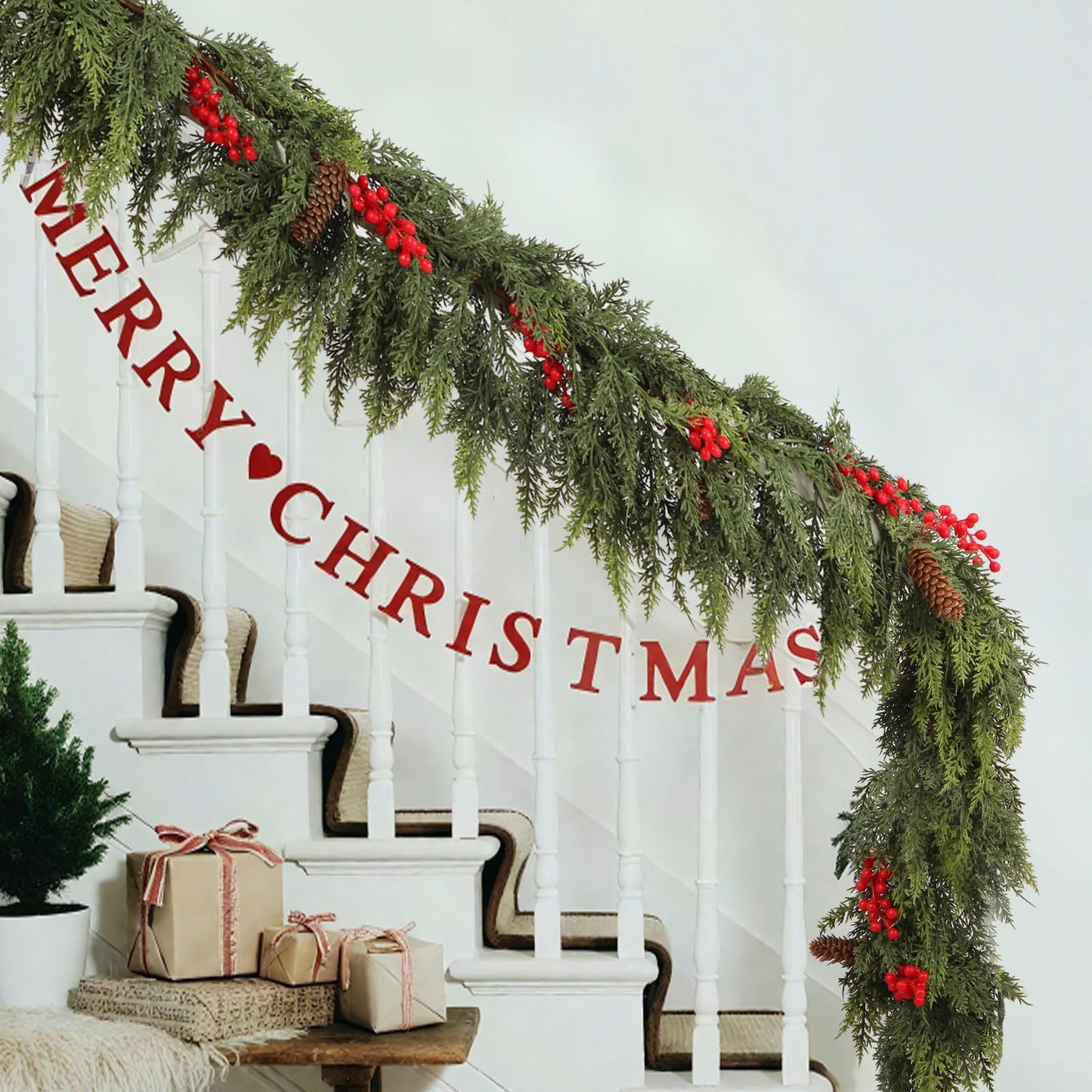 6ft Christmas Cedar Garland with Artificial Red Fruits and Pine Cones, Soft and Thick, Faux Greenery Cedar Garland, Suitable for Home Dining Table, Mantel, Porch Winter Christmas Decoration (6FT)