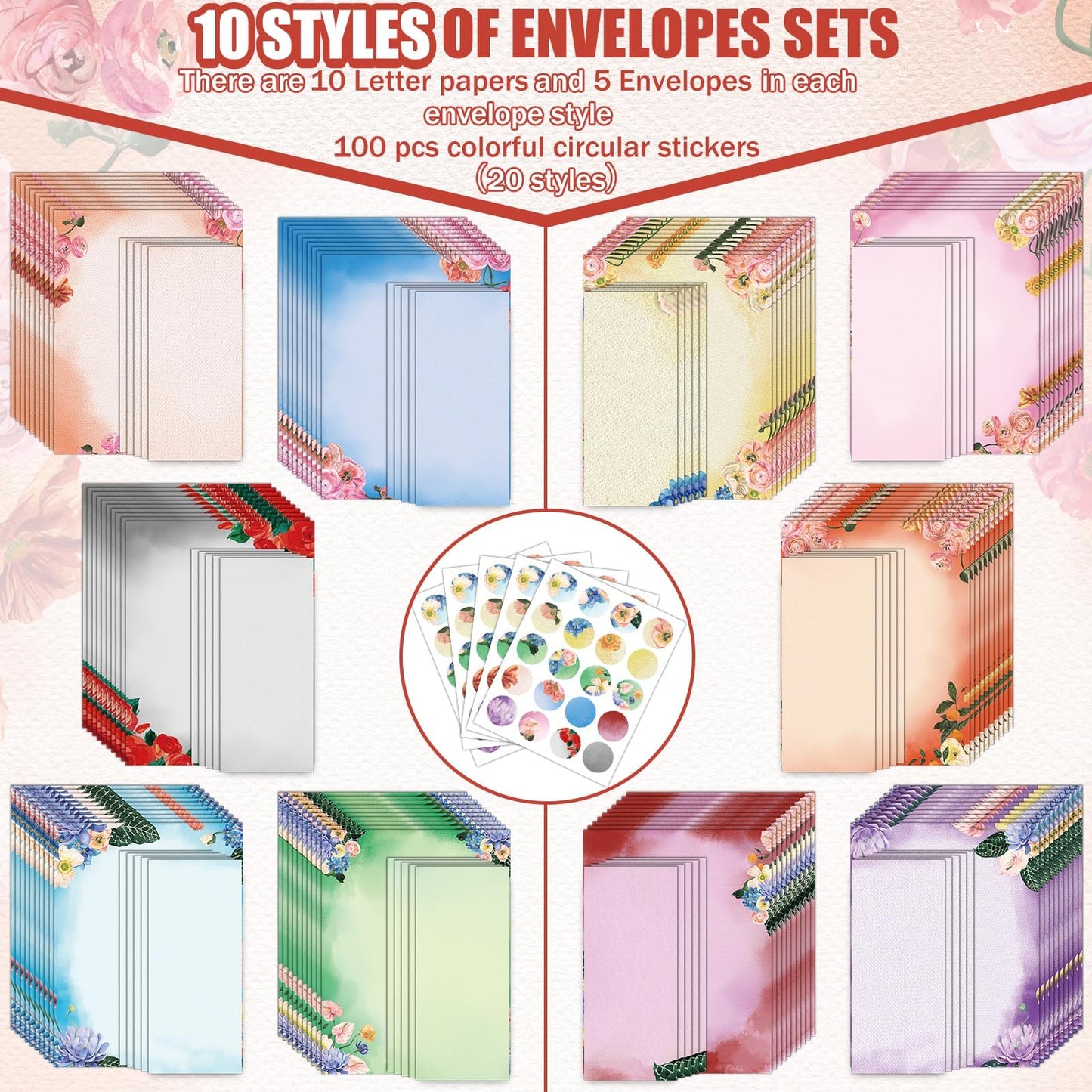 EggSun 250Pcs Watercolor Stationery Paper and Envelope Set with 100 Letterhead Papers and 50 Envelopes, 10 Design for Letter Writing,Invitations Computer Holidays Party Notes, 8.5x11 Inch-Floral