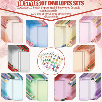 EggSun 250Pcs Watercolor Stationery Paper and Envelope Set with 100 Letterhead Papers and 50 Envelopes, 10 Design for Letter Writing,Invitations Computer Holidays Party Notes, 8.5x11 Inch-Floral