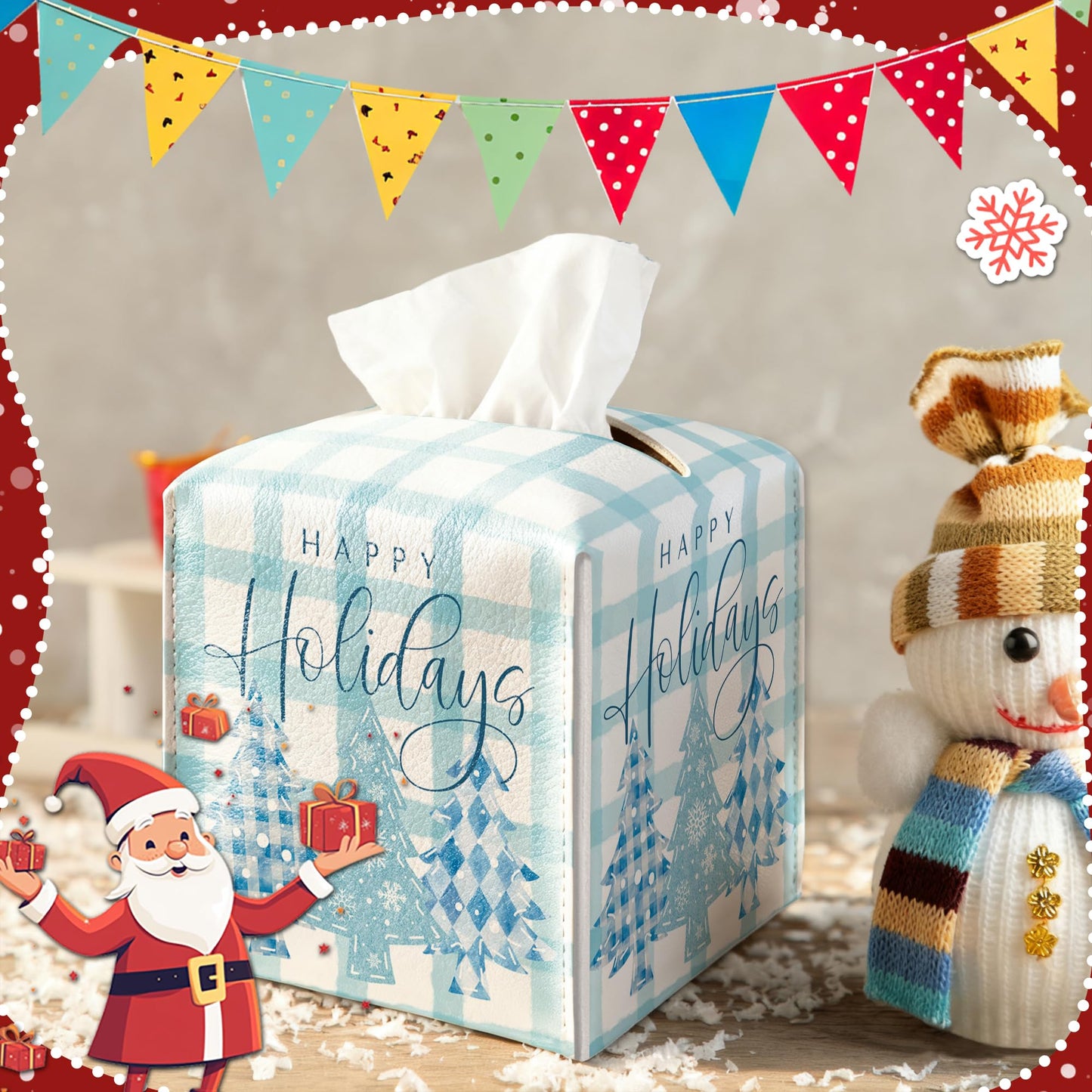 Christmas Box Cover Square, Blue Checkered Christmas Tree Decorative Tissue Box Holder, Waterproof Leather Tissues Boxes Dispenser for Bathroom, Bedroom Nightstand, Office, Car Home Decor