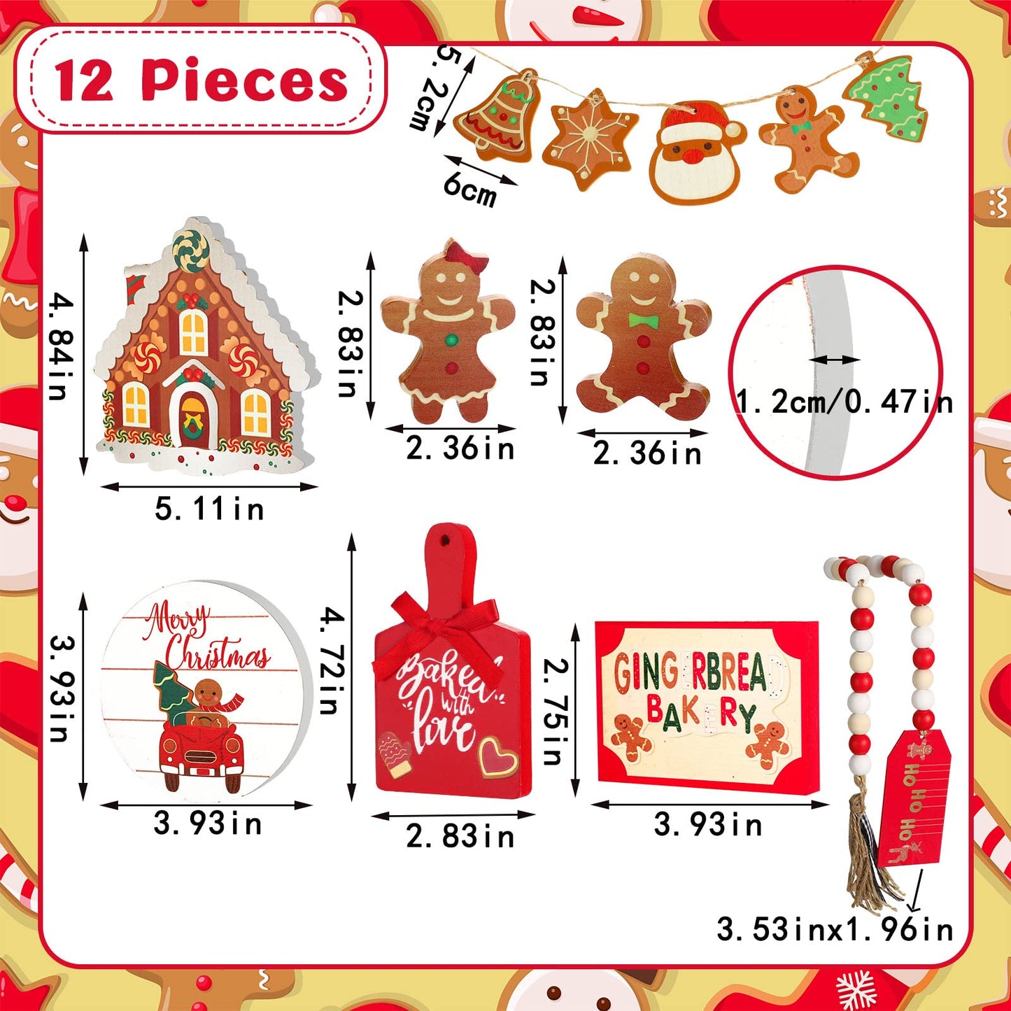 Bucherry 12 Pieces Christmas Gingerbread Tiered Tray Decor, Gingerbread House Xmas Tree Wooden 3D Signs, Winter Rustic Wood Farmhouse Tabletop Decorations for Home Table Shelf Centerpiece