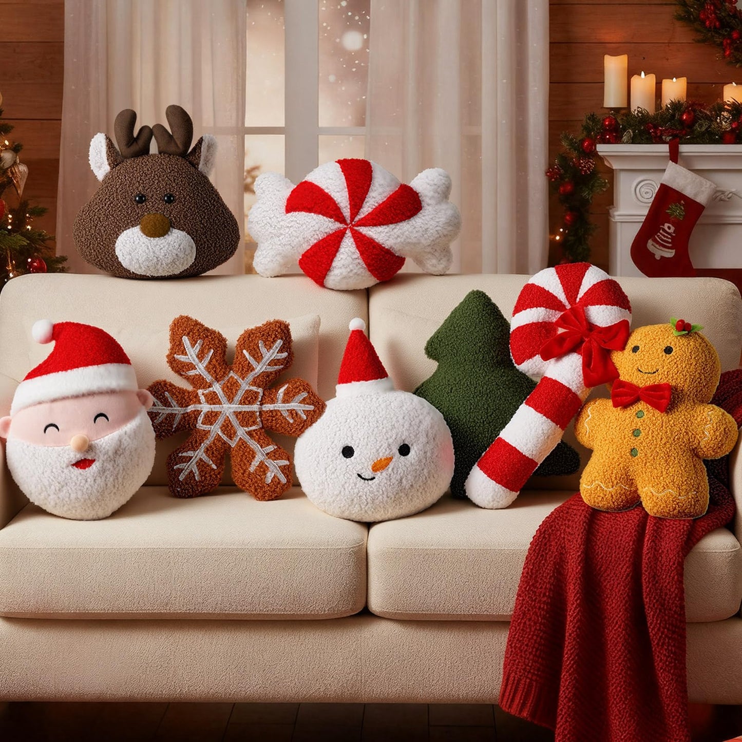 Thyle 8 Pack Christmas Throw Pillows 8''-14'' Decorative Gingerbread Candy Cane Peppermint Xmas Tree Snowflake Elk Santa Claus Stuffed Pillow Sofa Cushion for Christmas Party Couch Decoration
