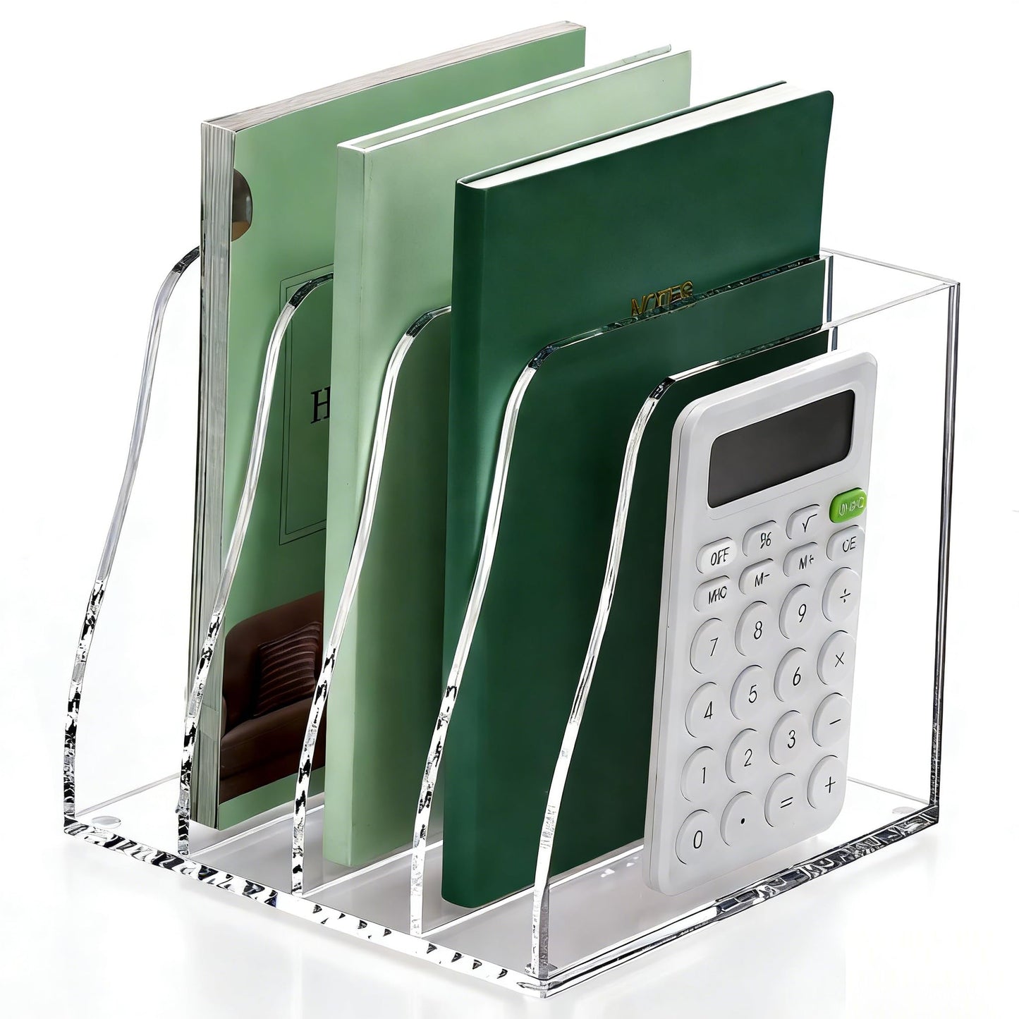 YUXUN Clear Acrylic File Folder Holder - 4 Vertical Compartments Desk Document Sorter, Upright Magazine Rack for Office/Home/Classroom, Stores Documents, Tablets, Magazines, Books & Accessories