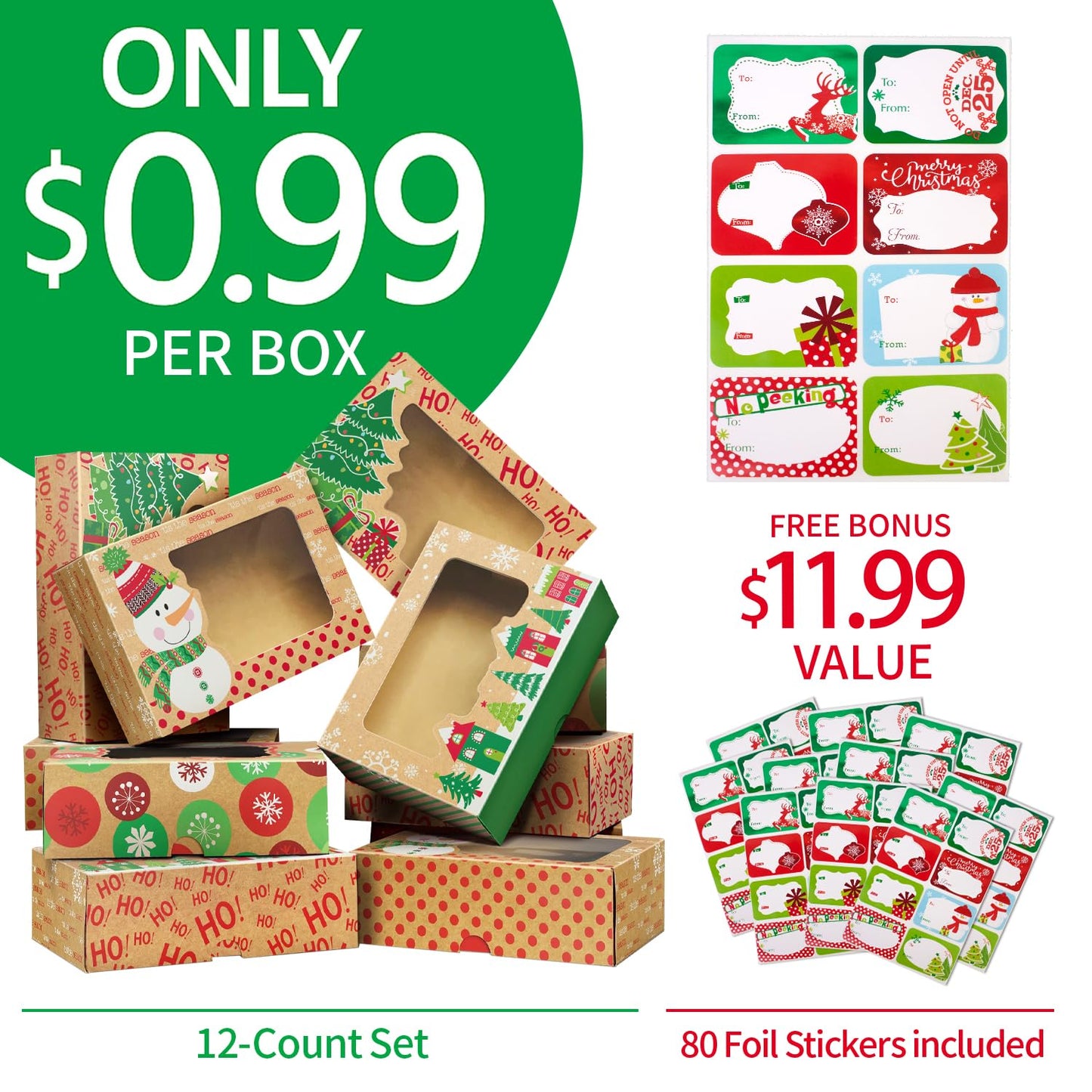 Party Funny 12 Christmas Cookie Boxes -Large Kraft Holiday Bakery Food Container for Gift Giving with 80 Count Christmas Foil Gift Stickers