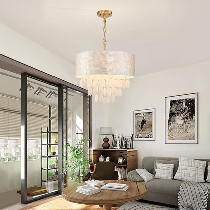 4-Lights Drum Capiz Shell Chandeliers, Coastal Style Pendant Light Fixture for Dining Room, Living Room, D18 x 21~68"(Adjustable Height), Shell Lampshade & Gold Finish