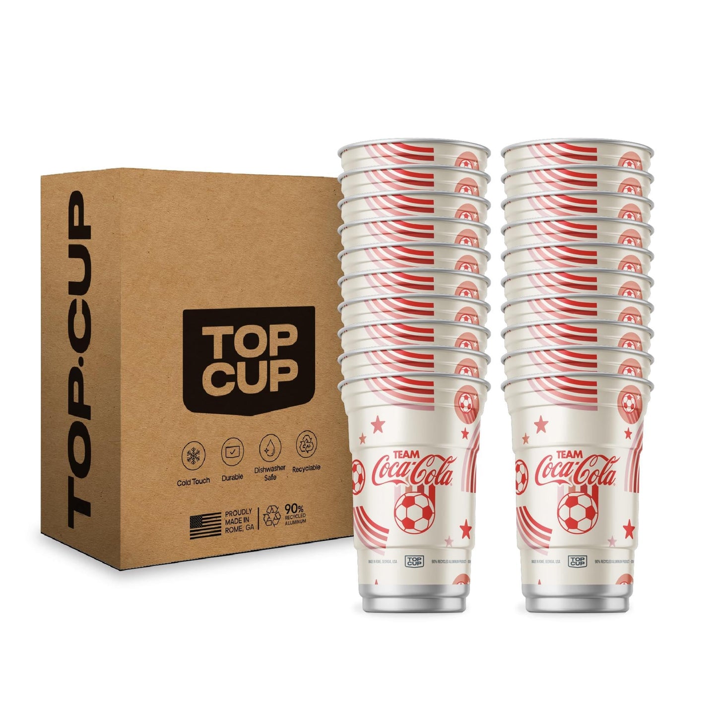Top Cup – 20 Ounce, 20 Count, Officially Licensed Coca-Cola Soccer Theme Aluminum Party Cup | Cold-Holding, Recyclable, Made in USA