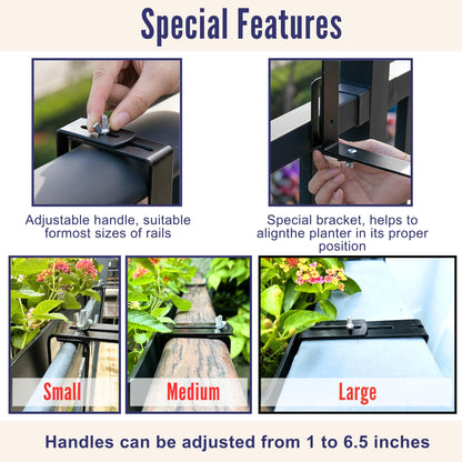 LaLaGreen Railing Planter Boxes (16 Inch, 4 Pack) Black Rectangular Plastic Window Box Planters with Self-Watering System Metal Brackets, Outdoor Plants Herbs Flowers Deck Balcony Fence Garden Decor