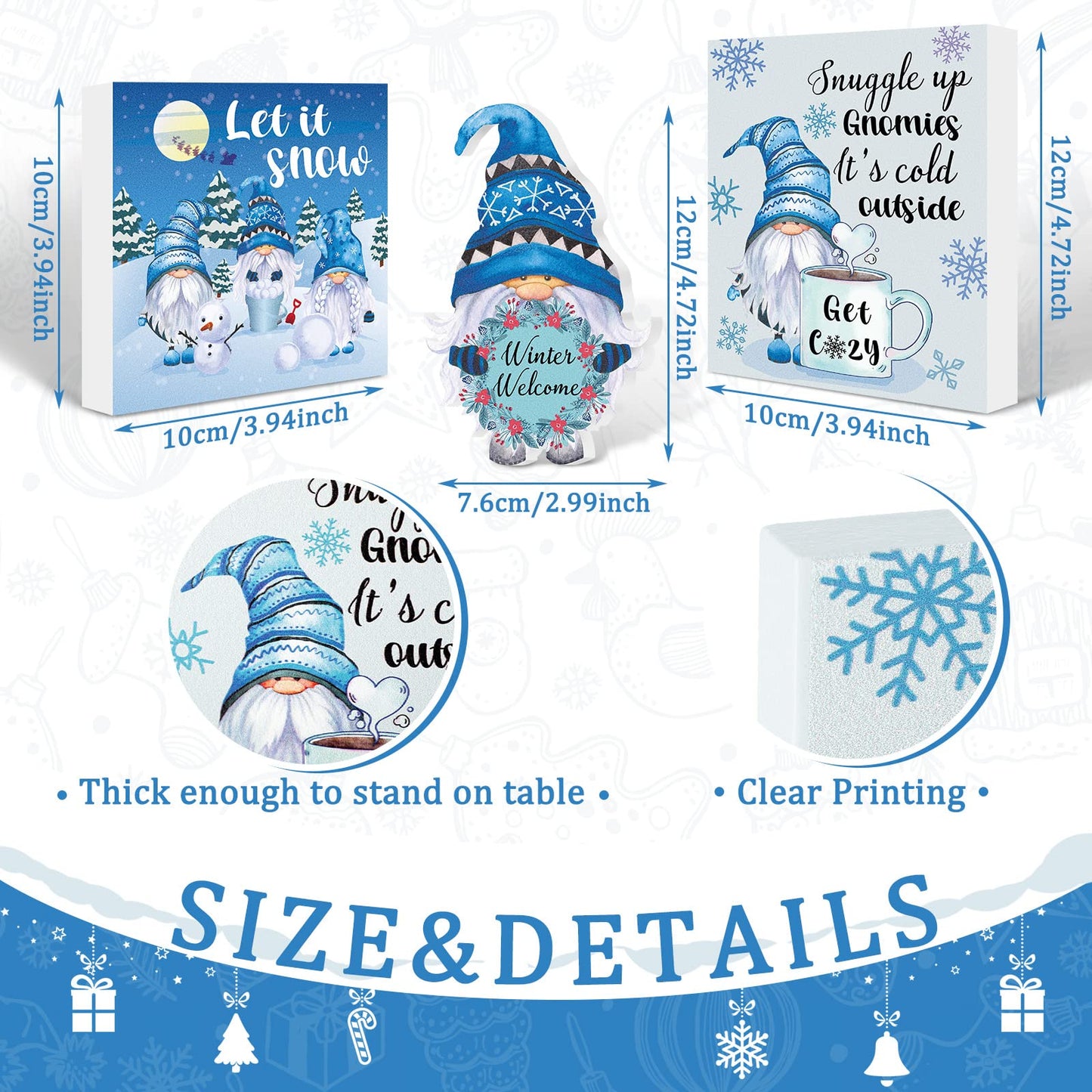 Karenhi 3 Pcs Winter Wooden Gnome Decor Blue Gnomes Tabletop Decorations Plaques Sign Winter Tiered Tray Decor Centerpiece for Home Party Table Desk Fireplace