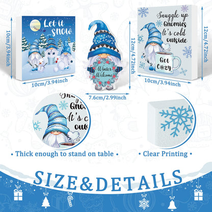 Karenhi 3 Pcs Winter Wooden Gnome Decor Blue Gnomes Tabletop Decorations Plaques Sign Winter Tiered Tray Decor Centerpiece for Home Party Table Desk Fireplace