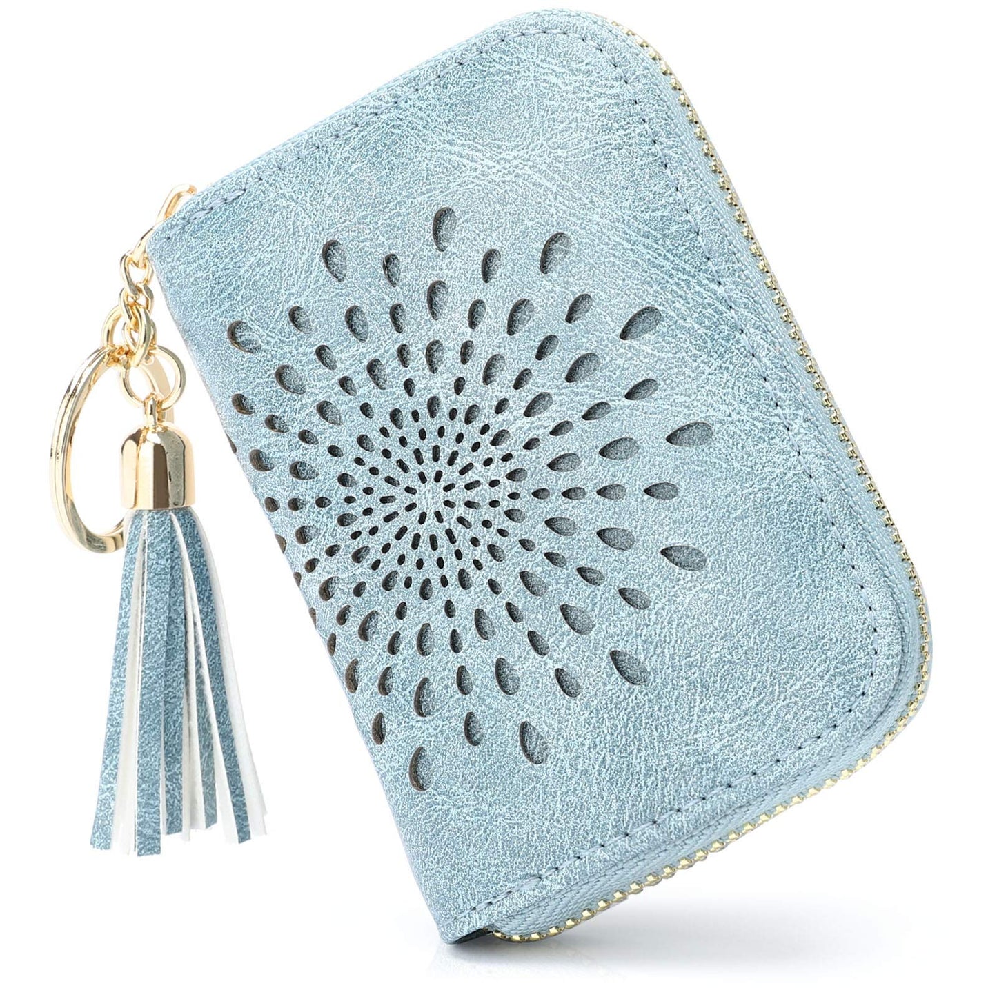 APHISON RFID Credit Card Holder Zipper Card Case Keychain Small Wallet for Women 1927 BLUE