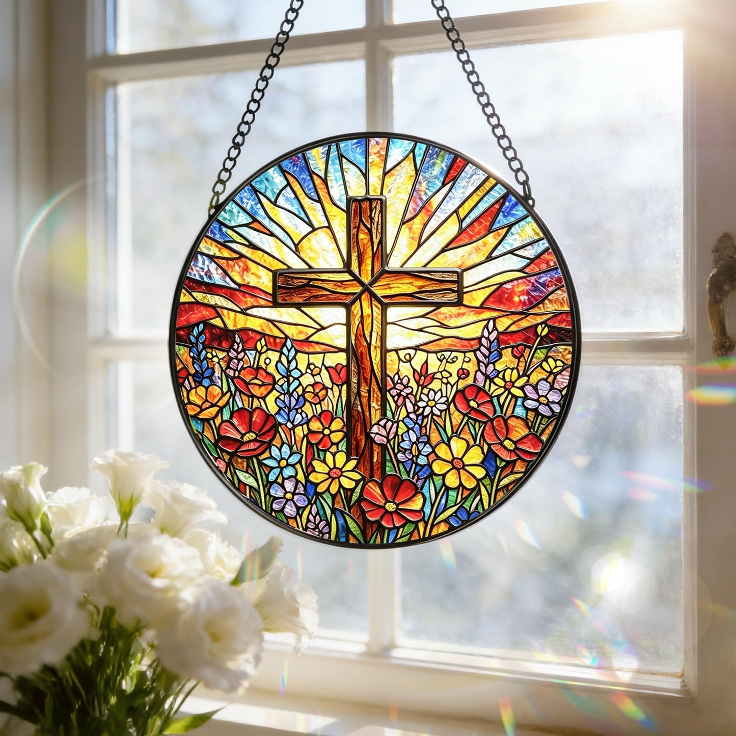 Stained Glass Window Hanging, 7.8 Inch Stained Glass Cross Suncatcher, Christian Window Hanging, Suncatcher for Windows, Doors & Home Decor, Church Decor, Christian Gifts, Religious Gifts & Cross Gift