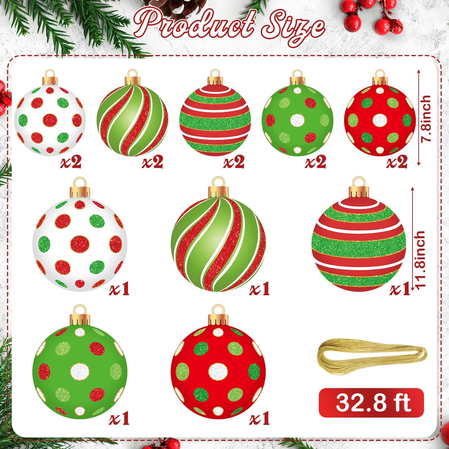 Wonderjune 15 Pieces Large Christmas Ball Yard Decors Include 5 Pcs 11.8 Inch Outdoor Christmas Hanging Ornament 10 Pcs 7.9 Inch Plastic Xmas Ball Ornaments for Lawn Tree Home Decors (Polka Dot)
