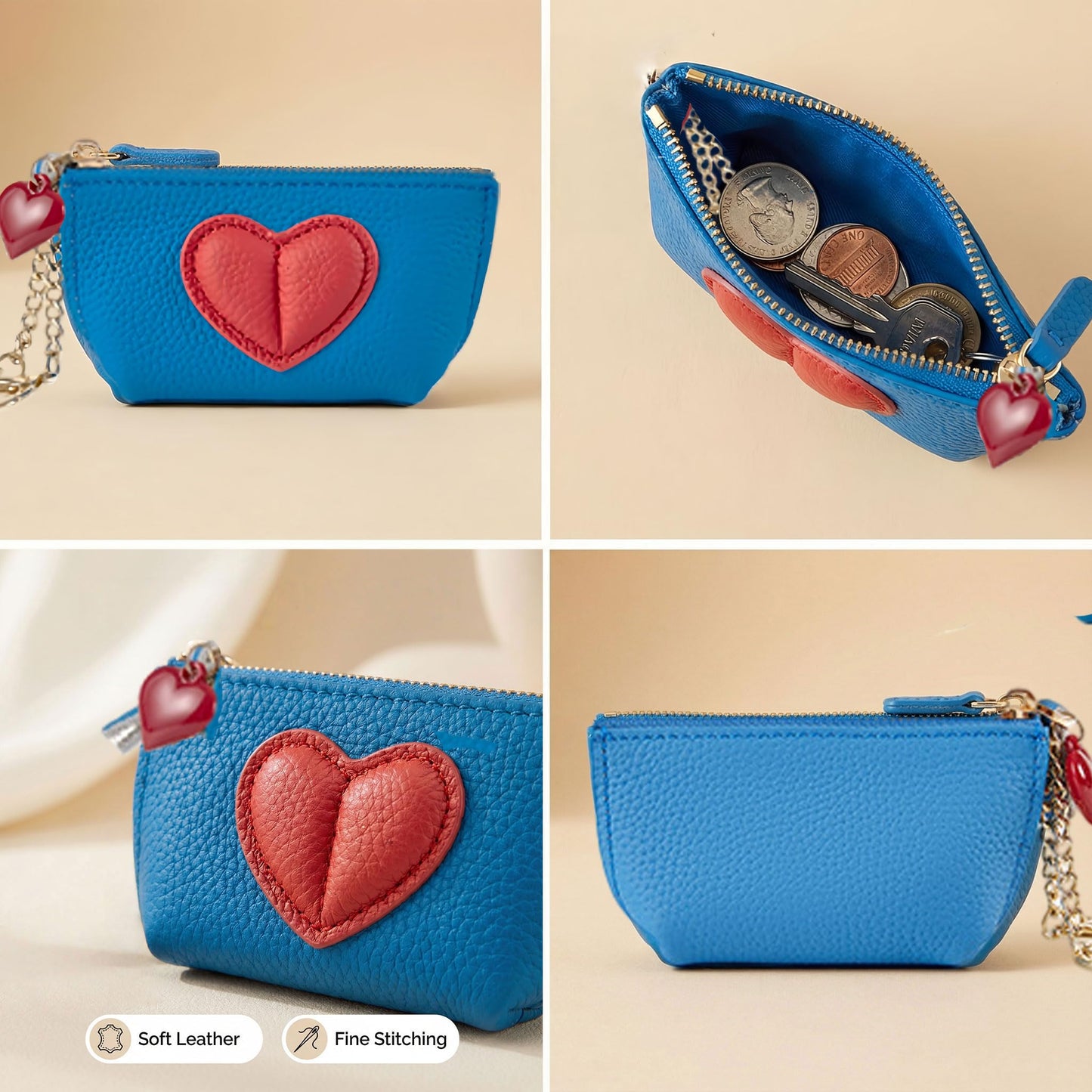 Red Heart Design Small Coin Purse - Cute Compact Keychain Change Purse Soft Leather Wallet with Zipper for Women (Blue)
