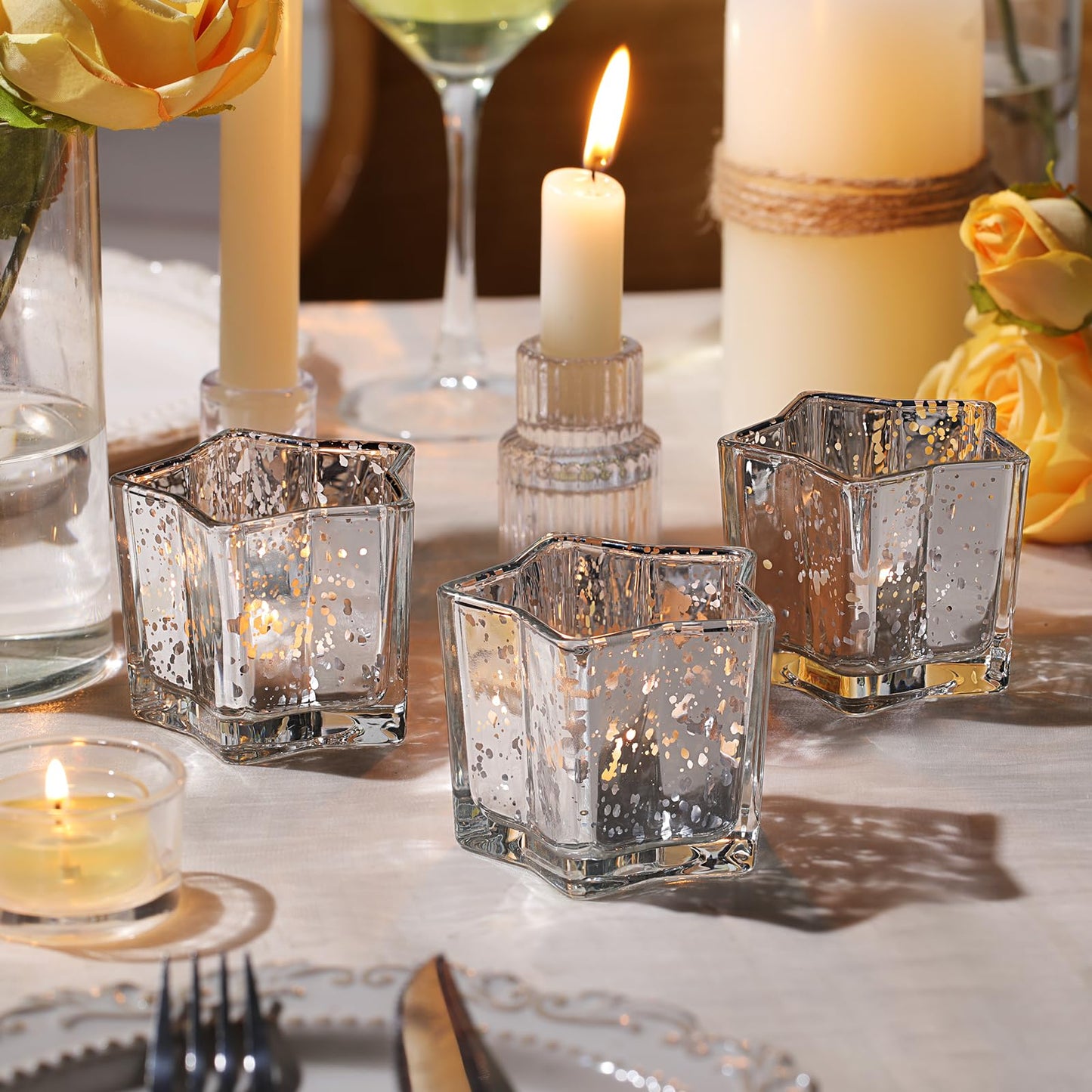Letine 8pcs Silver Star-Shaped Candle Holders, Tea Light & Votive Candle Holders for Diwali, Wedding, Fall Table Centerpiece, Celestial Glow Jar, Lucky Star Jar & Holiday Decorations (2.44" H)