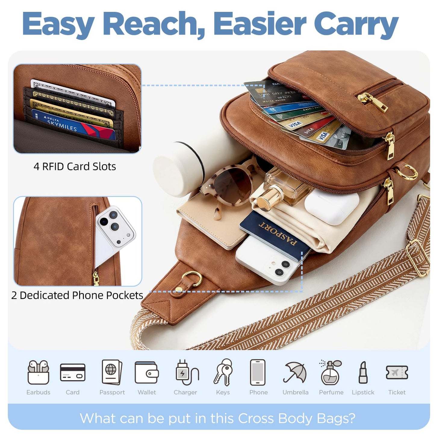 Fiiuos Anti Theft Crossbody Bags for Women RFID Sling Bag, Vegan Leather Cross Body Travel Purse for Work & Daily Use, Hands-Free Casual Daypack for Women Men Mocha Brown