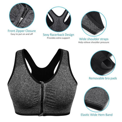 Women's Zip Front Sports Bra - Wireless, Post-Surgery, Padded, Racerback, Active, Yoga, Bust Reduction (X-Large, 3 Pack (Black+Grey+Bean Paste))