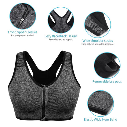 Women's Zip Front Sports Bra - Wireless, Post-Surgery, Padded, Racerback, Workout Gym Yoga Bras - 3 Pack (Large, Black+Grey+Light Blue)