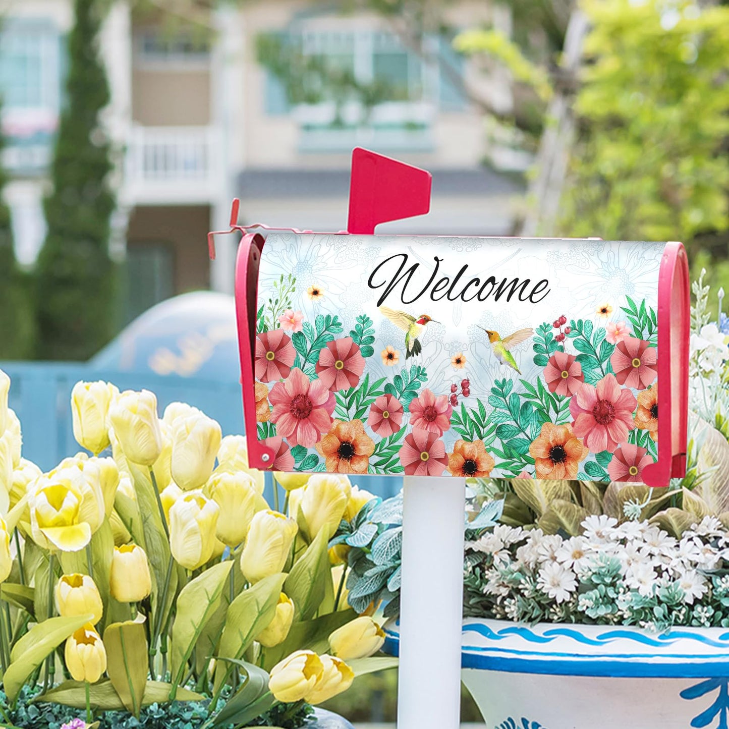 Spring Summer Hummingbirds Magnetic Mailbox Covers Summer Blooming Flowers Welcome Mailbox Wraps Standard Size 25.5x21inch Spring Decor Post Letter Box for Home Garden Yard