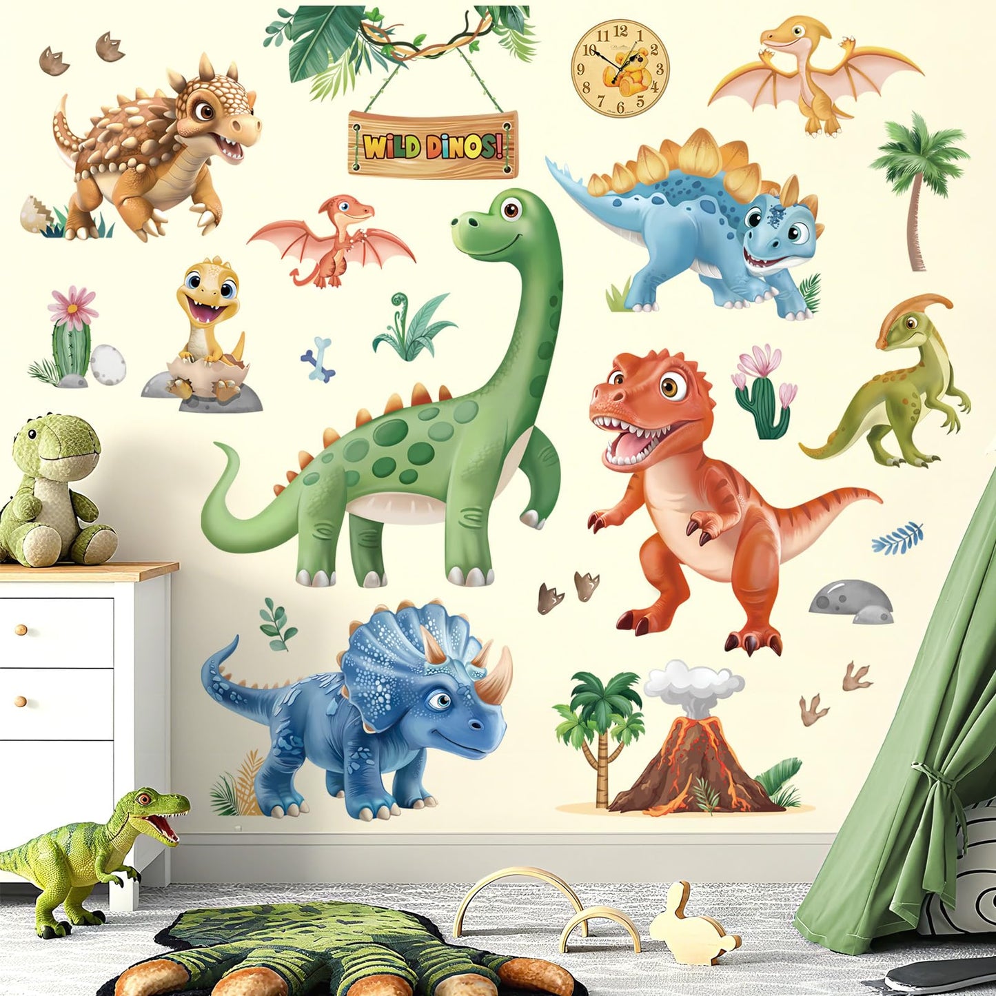 wondever 3D Dinosaur Wall Stickers Tropical Animal Dino Volcano Plants Peel and Stick Wall Art Decals for Baby Nursery Kids Bedroom Playroom